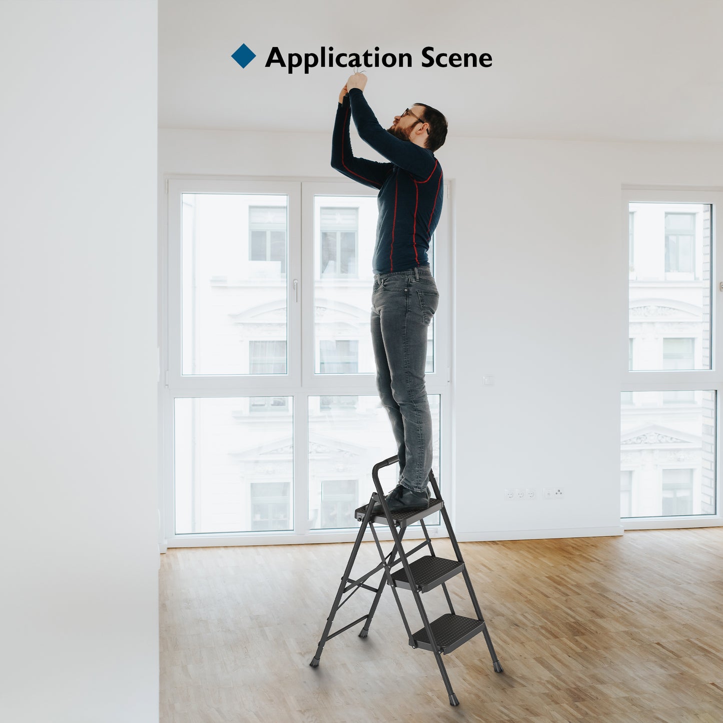 BONTEC 3 Step Ladder, Capacity 272KG with Wide Anti-Slip Pedals, Folding Steel Step Stool, Sponge Handlebar, Lightweight Portable Ladder Suitable for Home, Kitchen, Pantry, Indoor/Outdoor Use, Black