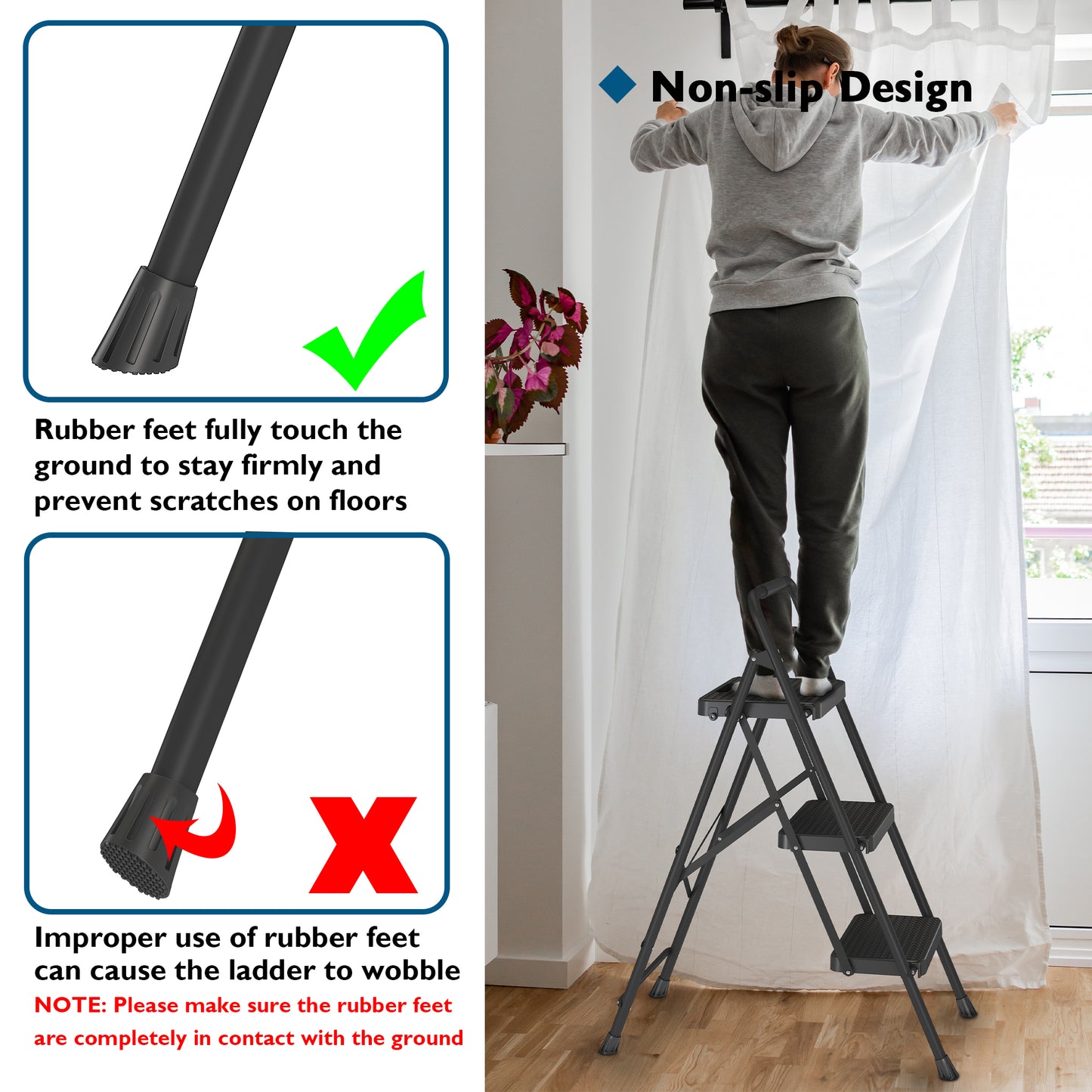 BONTEC 3 Step Ladder, Capacity 272KG with Wide Anti-Slip Pedals, Folding Steel Step Stool, Sponge Handlebar, Lightweight Portable Ladder Suitable for Home, Kitchen, Pantry, Indoor/Outdoor Use, Black