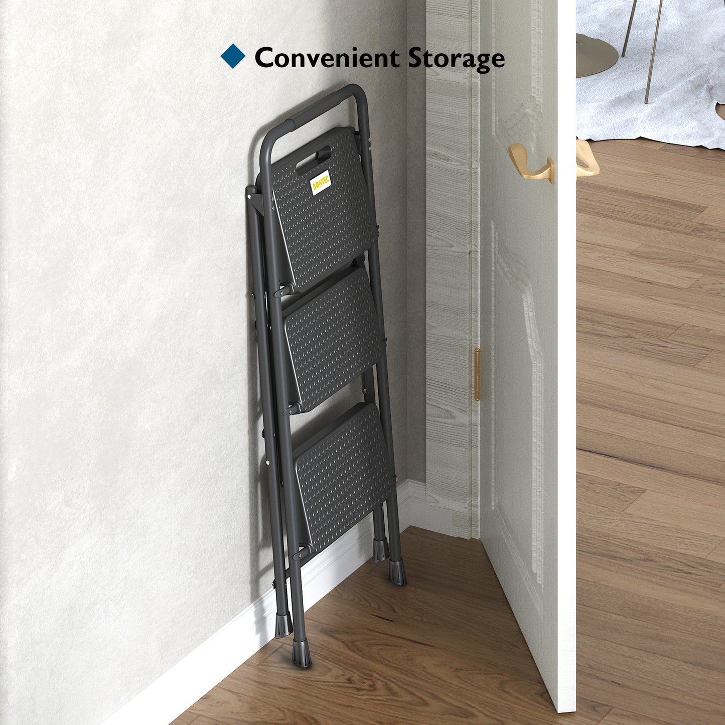 BONTEC 3 Step Ladder, Capacity 272KG with Wide Anti-Slip Pedals, Folding Steel Step Stool, Sponge Handlebar, Lightweight Portable Ladder Suitable for Home, Kitchen, Pantry, Indoor/Outdoor Use, Black