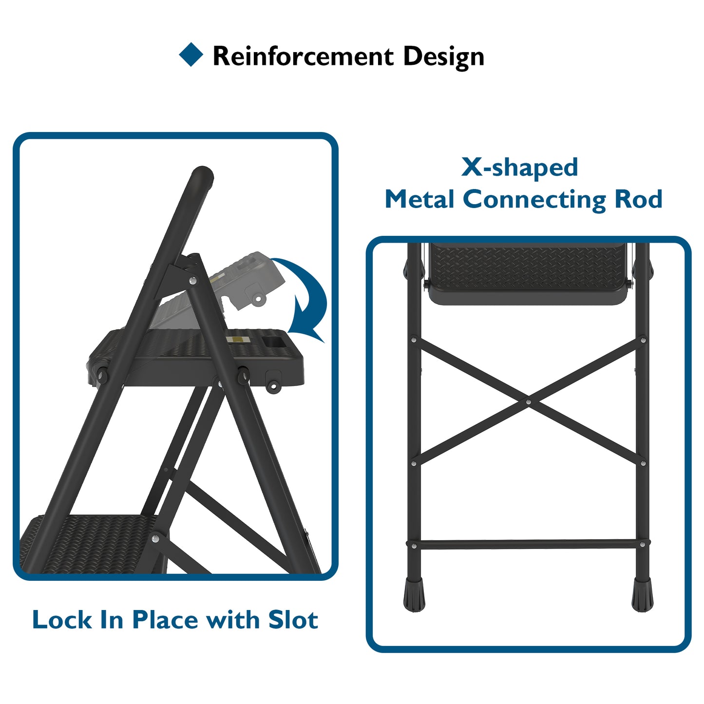 BONTEC 3 Step Ladder, Capacity 272KG with Wide Anti-Slip Pedals, Folding Steel Step Stool, Sponge Handlebar, Lightweight Portable Ladder Suitable for Home, Kitchen, Pantry, Indoor/Outdoor Use, Black