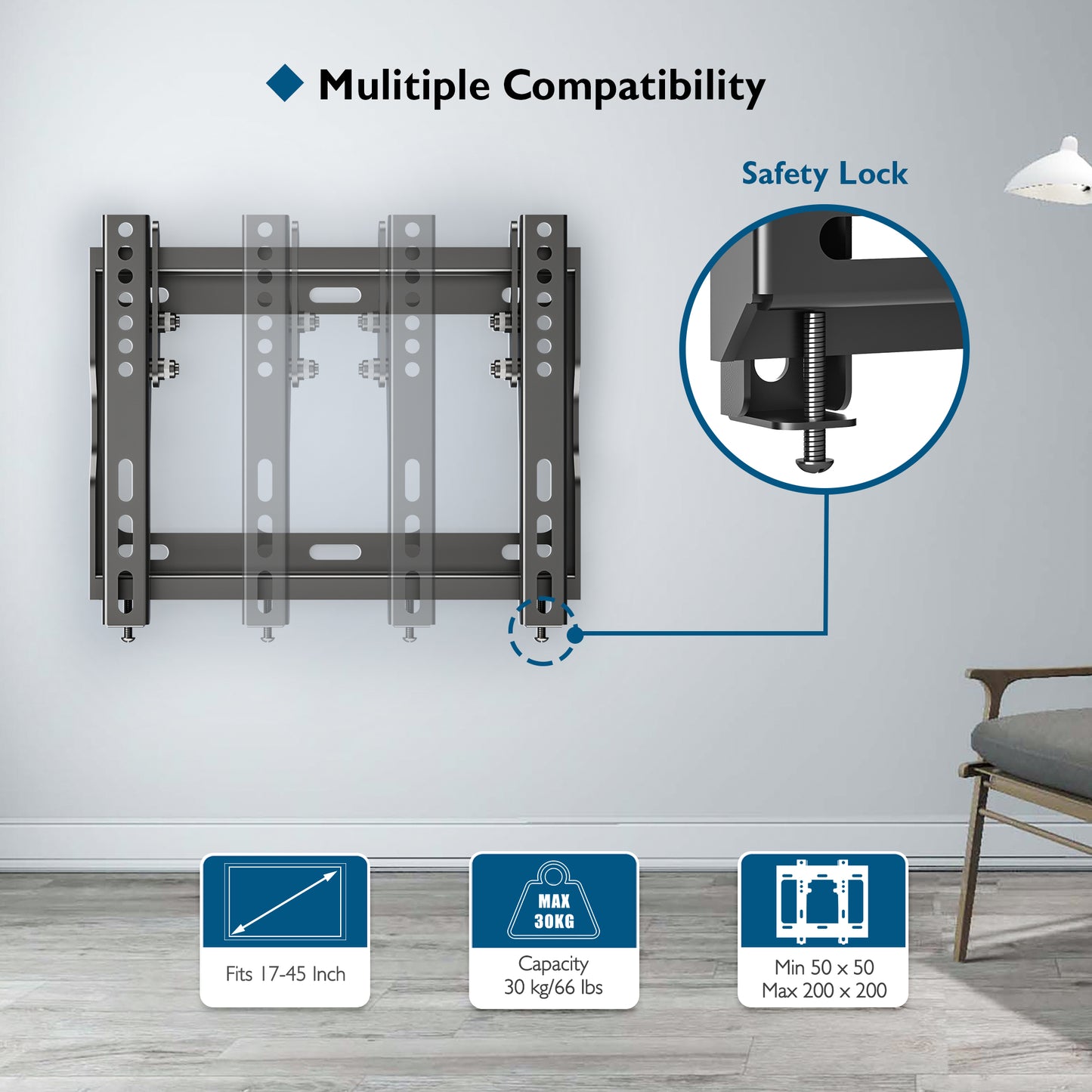 BONTEC Low Profile TV Wall Mount Bracket for Most 17-45 inch LED/ LCD/ OLED Plasma Flat Screen TVs, Ultra Slim Tilt Wall Mount up to 30kg, Max VESA 200x200mm, Bubble Level and Cable Ties Included