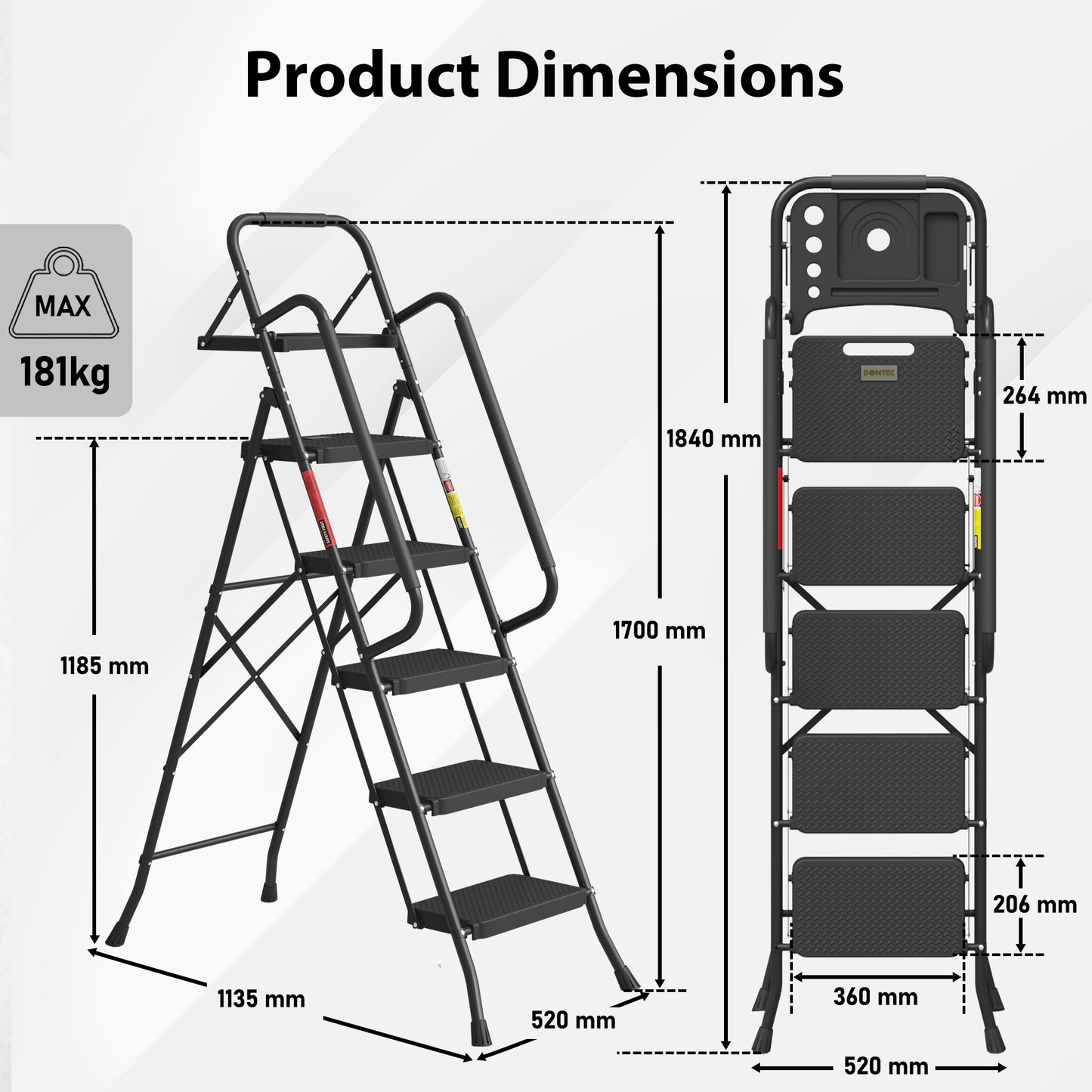 BONTEC 5 Step Ladder with Wide Anti-Slip Pedals, Folding Step Stool Capacity 181KG, Sponge Handrail, Strong and Solid Portable Ladder Suitable for Home, Kitchen, Pantry, Indoor/Outdoor Use