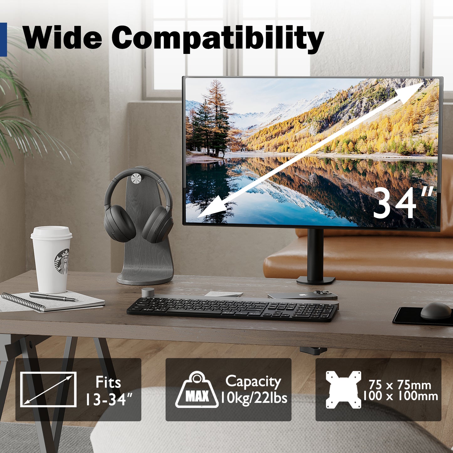BONTEC Single Monitor Desk Mount for 13-34 Inch Screens, Supports up to 10kg, with Full Motion Adjustability, Dual Installation Options and Integrated Cable Management