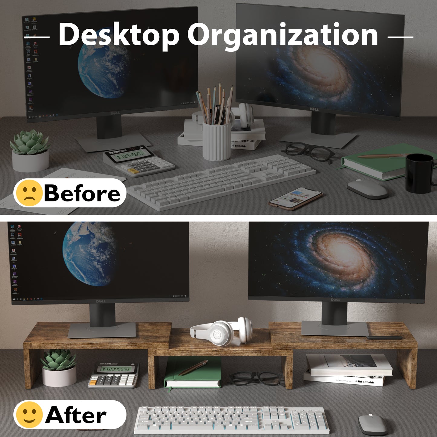 BONTEC Dual Monitor Stand Riser, Desktop Monitor Stand with Smartphone Holder, Adjustable Length & Swivel Angle Wooden Desktop Organizer Stand PC Riser for PC Monitor Laptop Printer