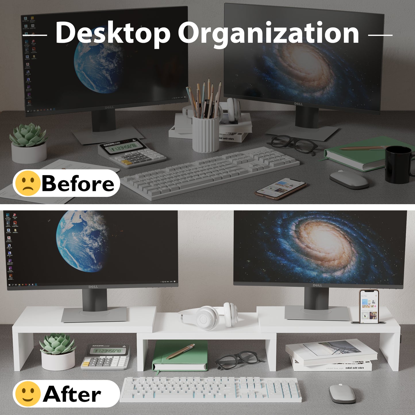 BONTEC Dual Monitor Stand Riser, Desktop Monitor Stand with Smartphone Holder, Adjustable Length & Swivel Angle Wooden Desktop Organizer Stand PC Riser for PC Monitor Laptop Printer