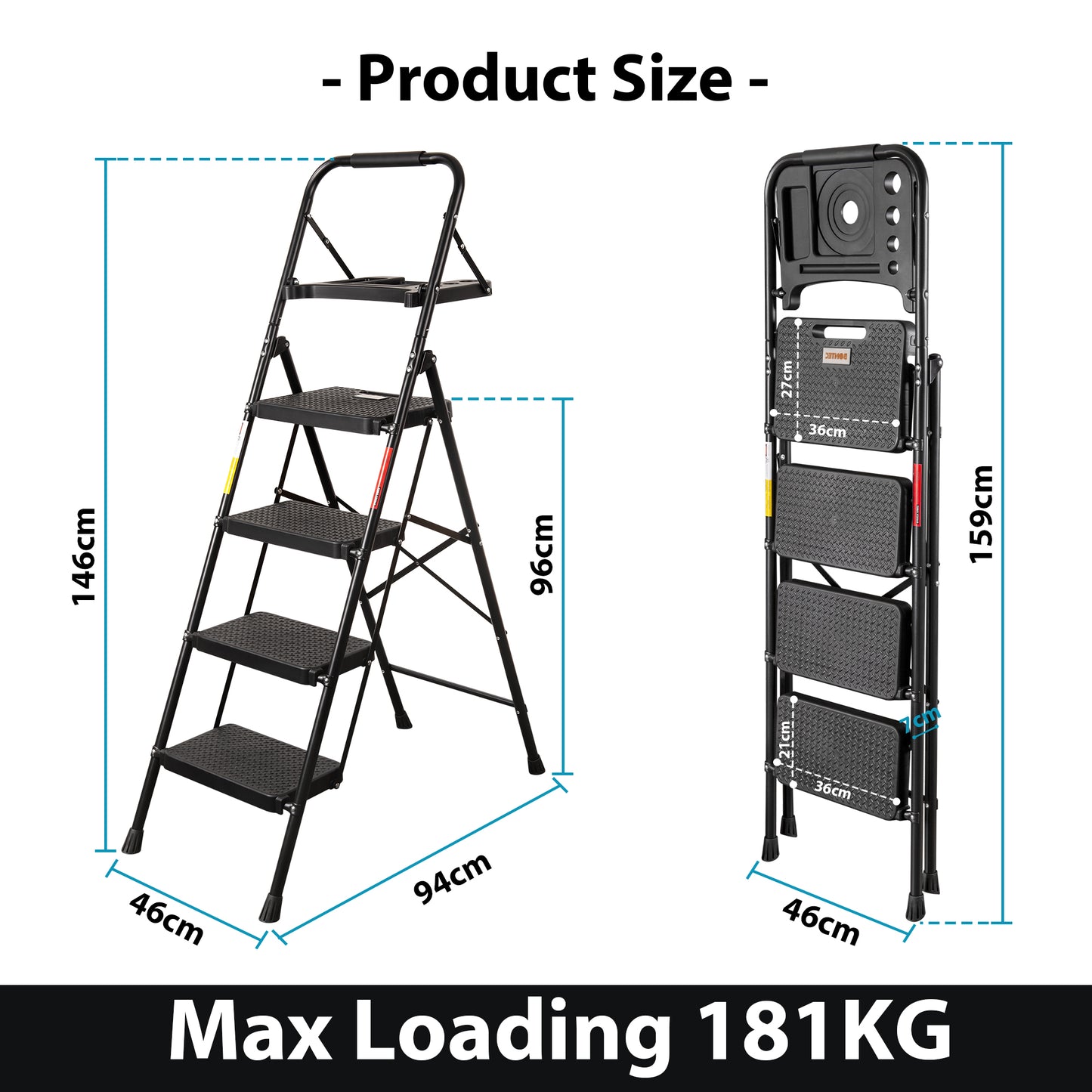 BONTEC 4 Step Ladder with Wide Anti-Slip Pedals, Folding Step Stool Capacity 181KG, Sponge Handrail, Strong and Solid Portable Ladder Suitable for Home, Kitchen, Pantry, Indoor/Outdoor Use, Black