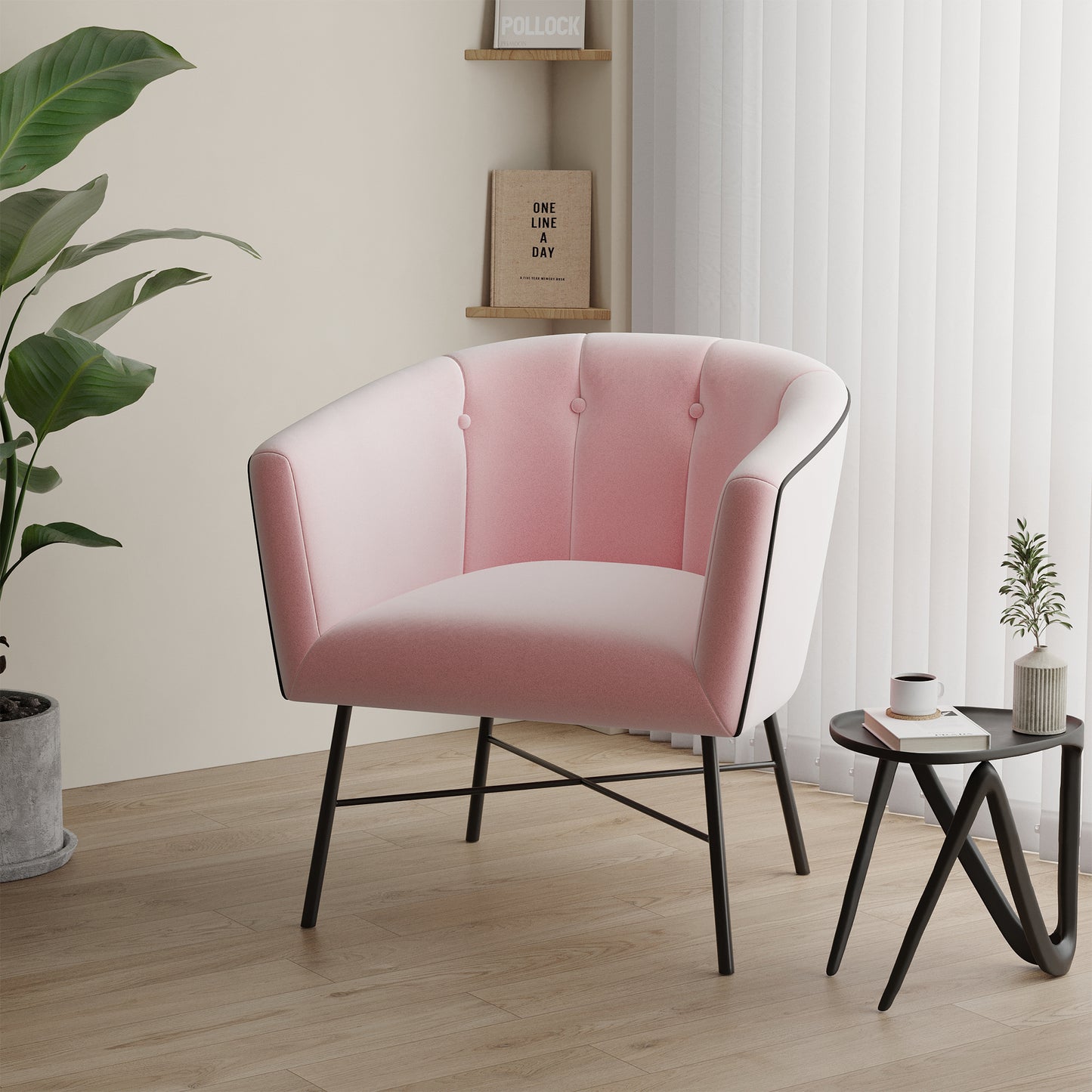 BONTEC Modern Velvet Tub Chair, Upholstered Accent Vanity Chair with Mental Legs, Barrel Armchair for Living Room, Bedroom, Makeup Room, Lounge, Cafe, Pink