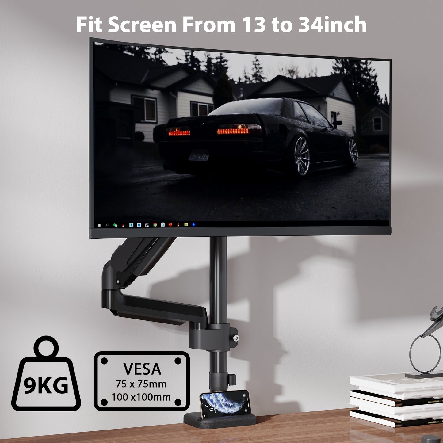 BONTEC Adjustable Single Monitor mount for 13 to 34 screens, Ergonomic Gas Spring Arm Stand with pole, weight capacity 9 kg, VESA 75/100 mm