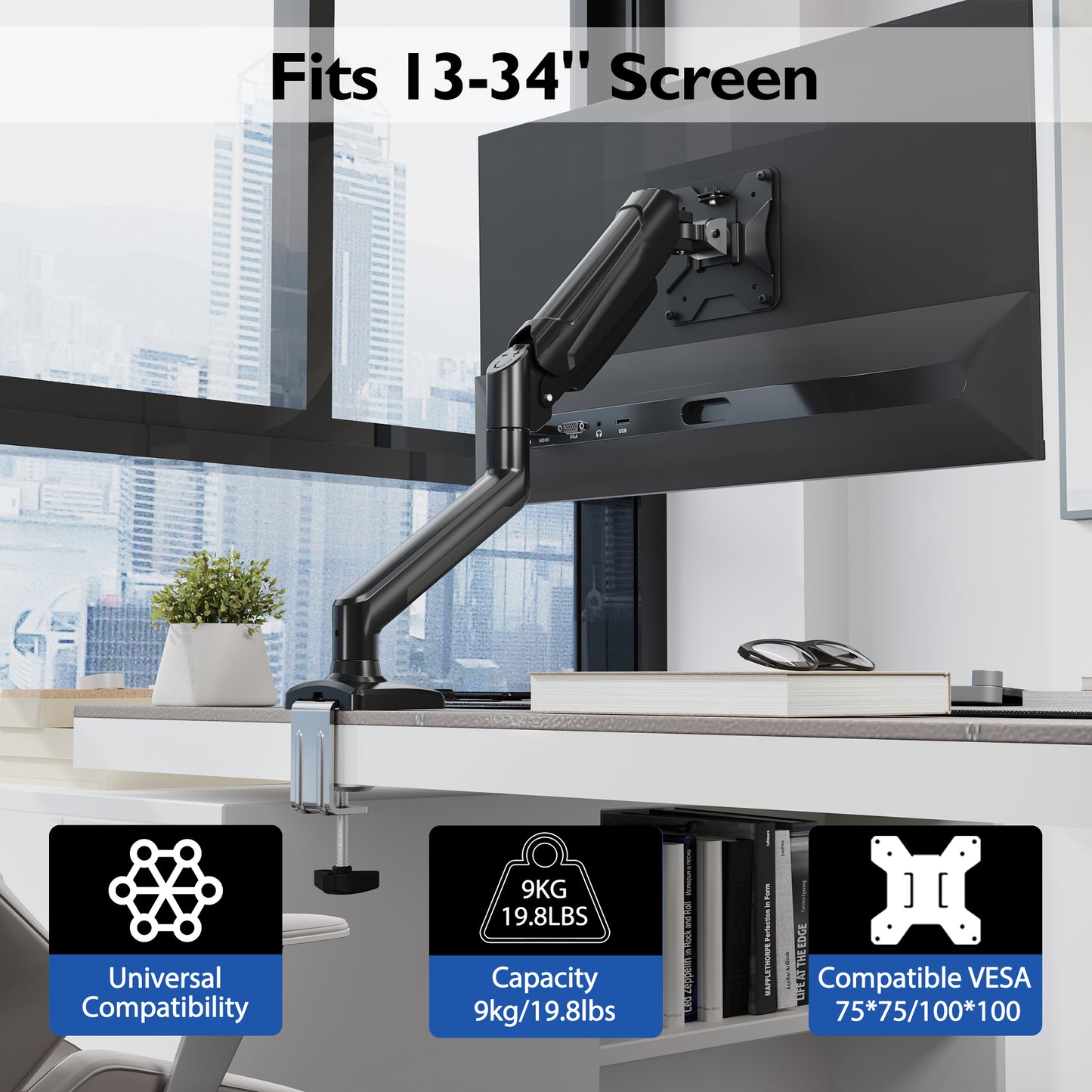 BONTEC Single Arm Monitor Desk Mount for 13-34 inch Screen, Tilt, Swivel, Rotation, Ergonomic Gas Spring Monitor Stand with Cable Management, VESA 75/100mm