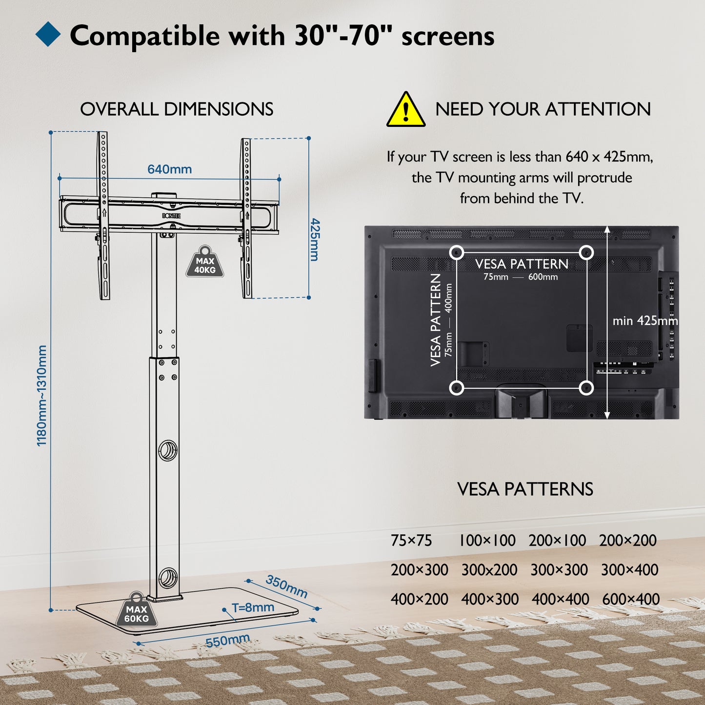 BONTEC TV Floor Stand for 30-70 inch LED LCD OLED Plasma Flat Curved TVs