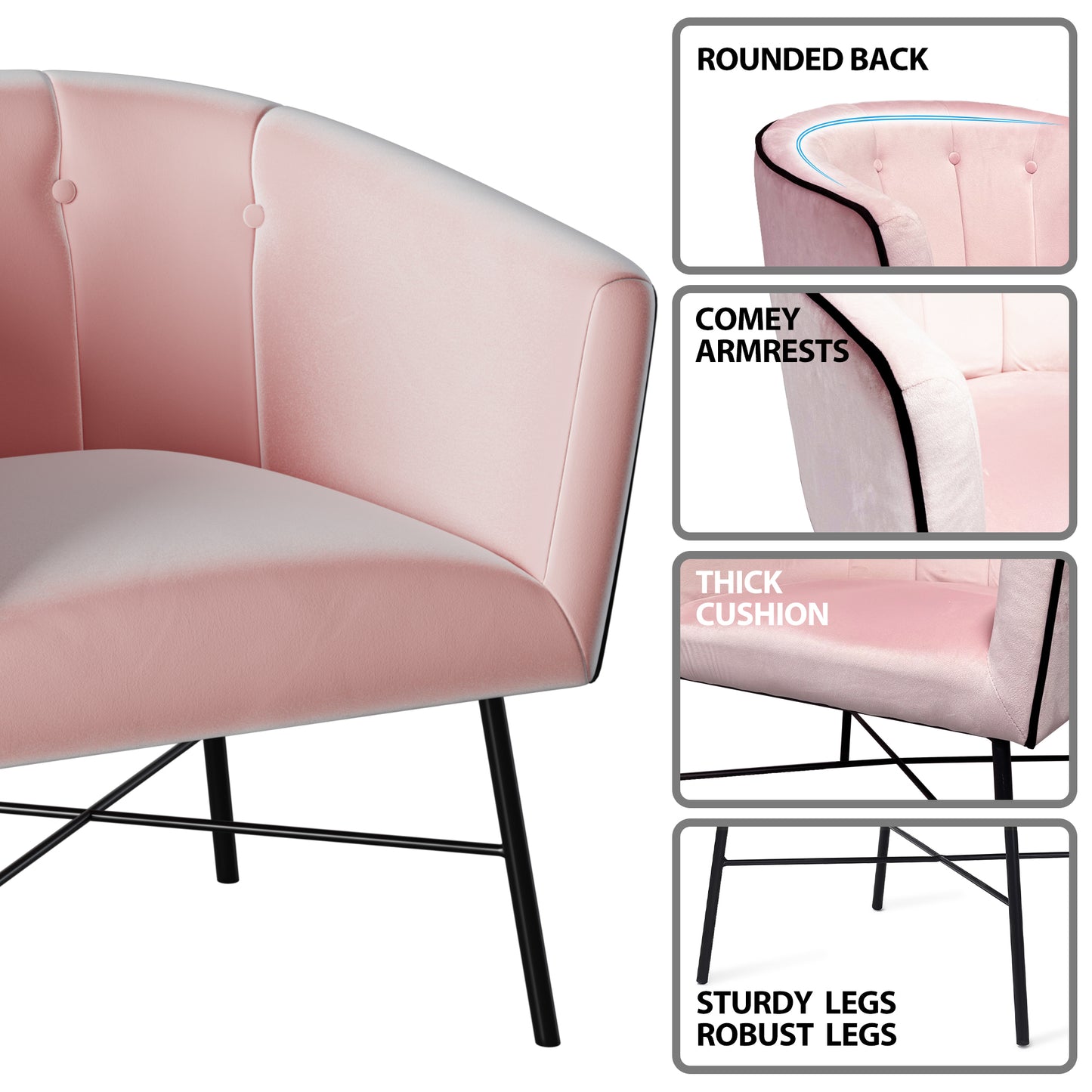 BONTEC Modern Velvet Tub Chair, Upholstered Accent Vanity Chair with Mental Legs, Barrel Armchair for Living Room, Bedroom, Makeup Room, Lounge, Cafe, Pink