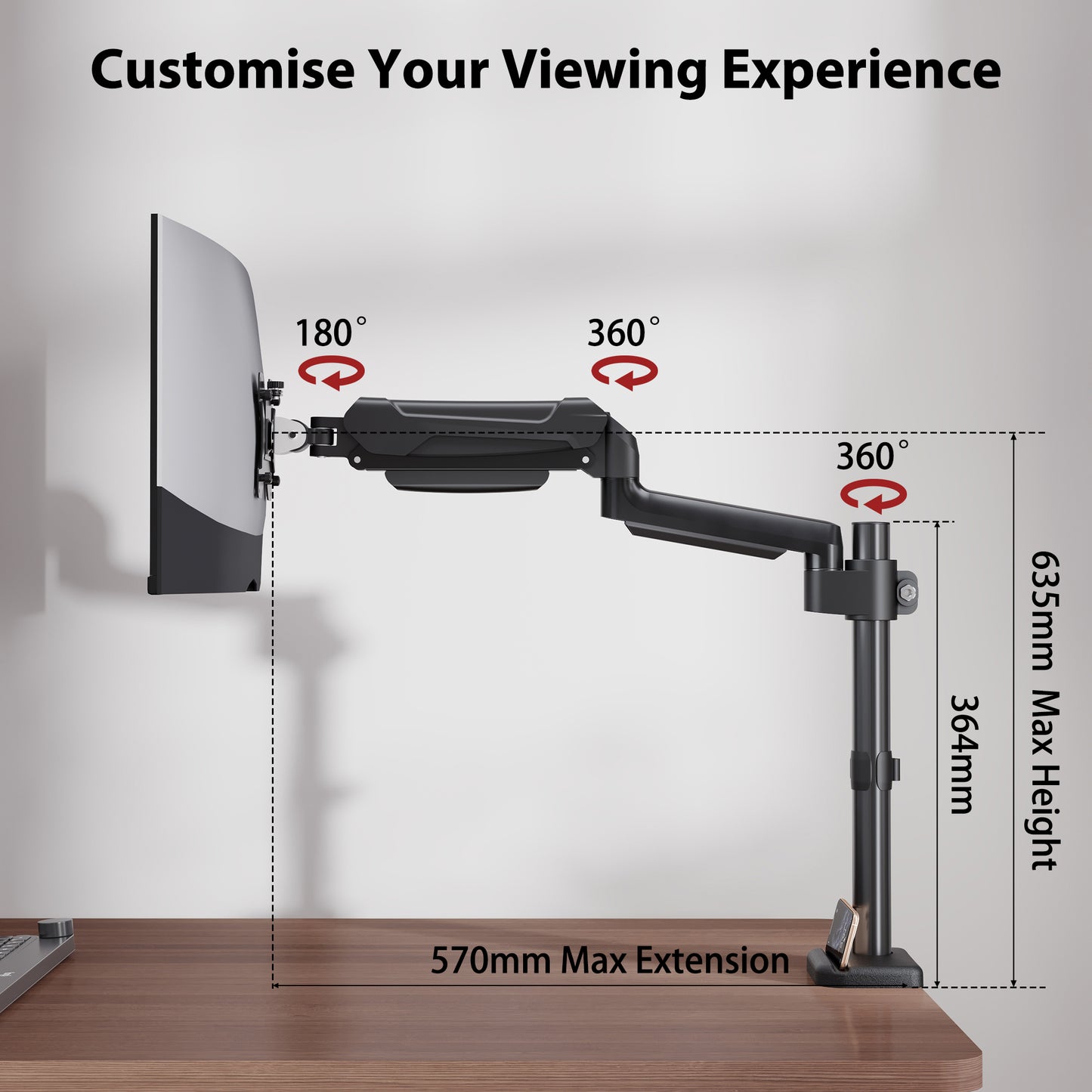 BONTEC Adjustable Single Monitor mount for 13 to 34 screens, Ergonomic Gas Spring Arm Stand with pole, weight capacity 9 kg, VESA 75/100 mm