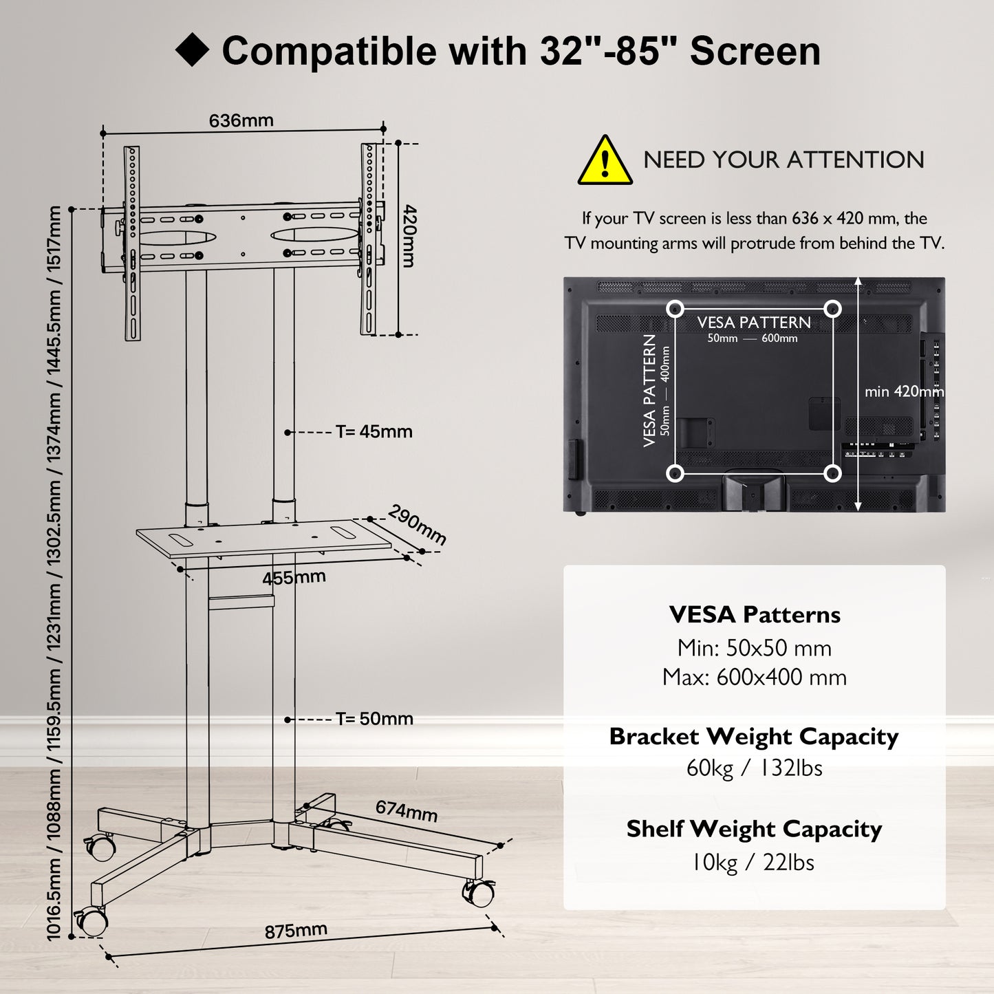 BONTEC Mobile TV Stand on Wheels for 32-85 inch LCD LED OLED Flat Curved TVs