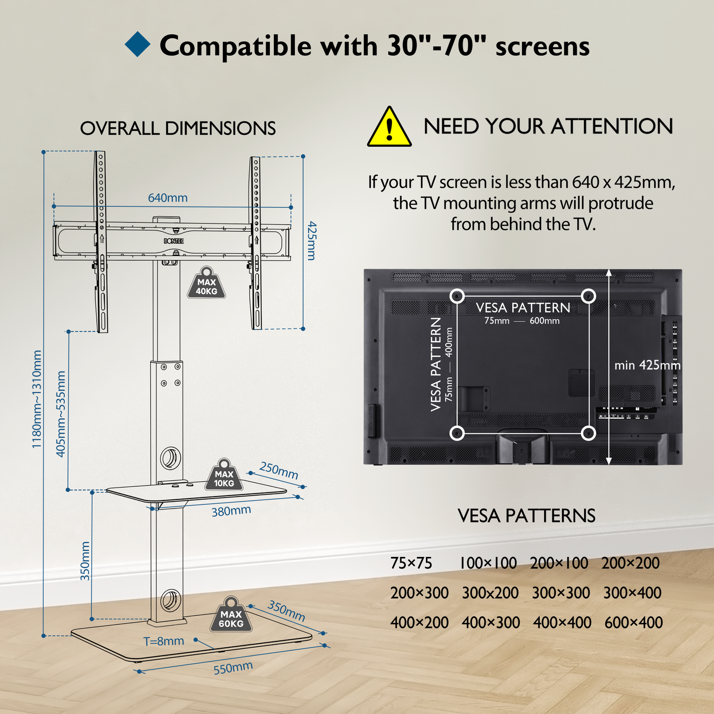 BONTEC Universal Floor TV Stand for 30-70 inch LED OLED LCD Plasma Flat Curved Screens