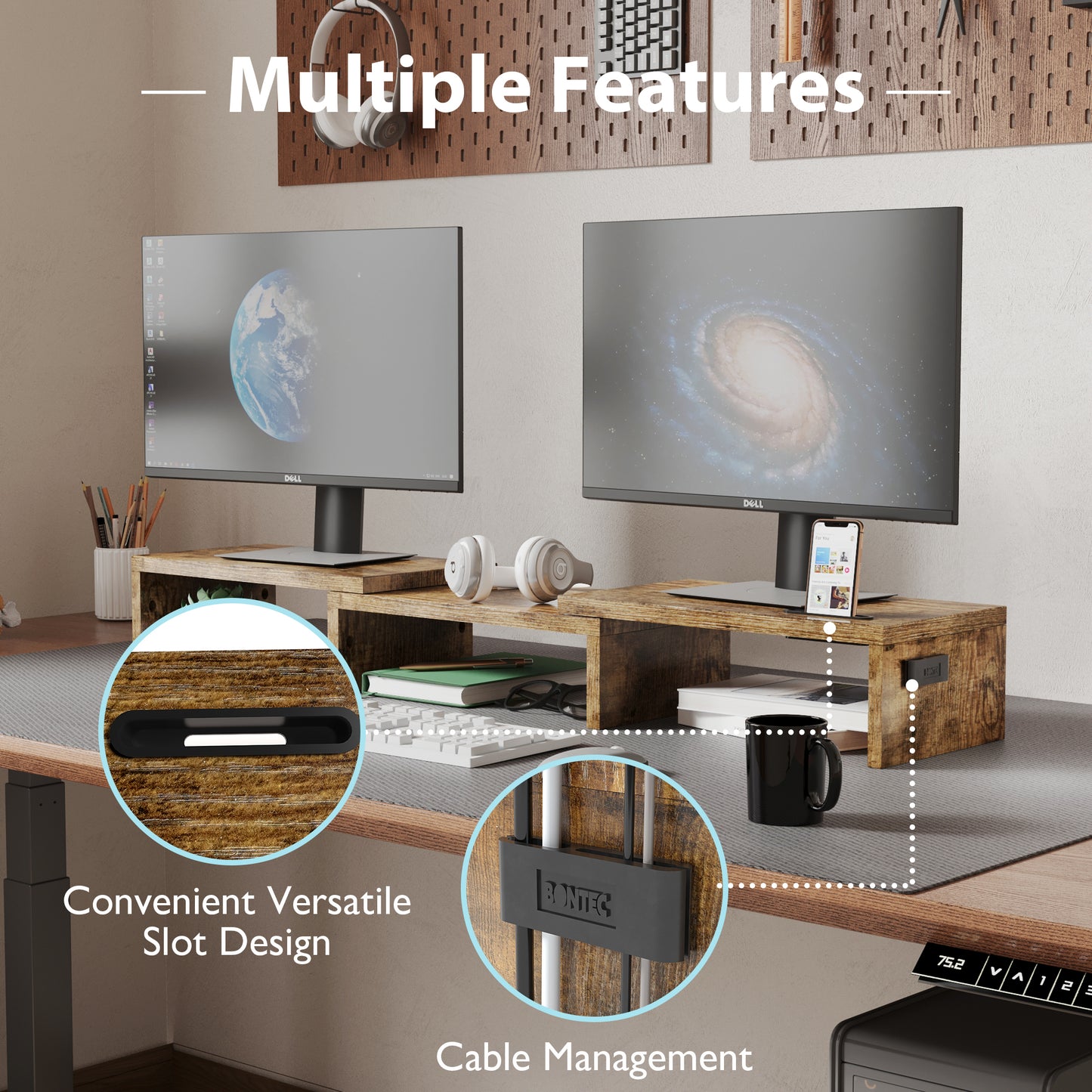 BONTEC Dual Monitor Stand Riser, Desktop Monitor Stand with Smartphone Holder, Adjustable Length & Swivel Angle Wooden Desktop Organizer Stand PC Riser for PC Monitor Laptop Printer