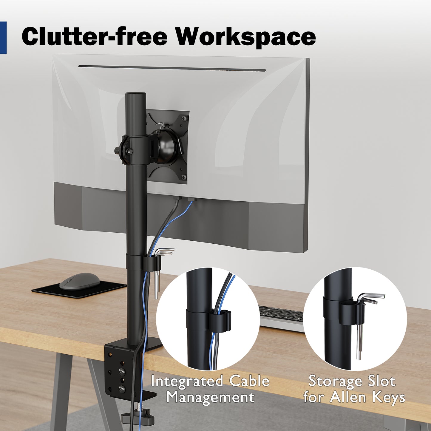 BONTEC Single Monitor Desk Mount for 13-34 Inch Screens, Supports up to 10kg, with Full Motion Adjustability, Dual Installation Options and Integrated Cable Management