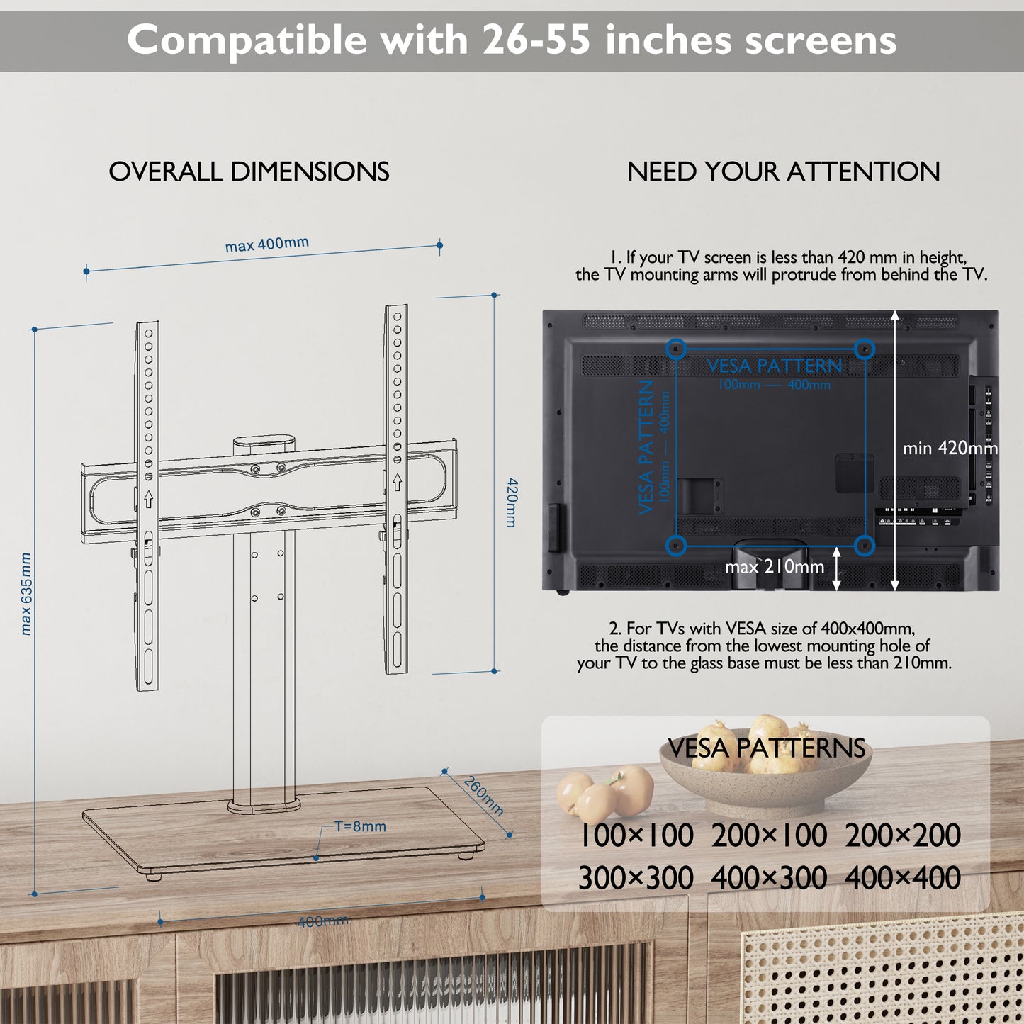 BONTEC Universal Table Top Pedestal TV Stand with Bracket for 26”-55” LCD/LED/Plasma TVs