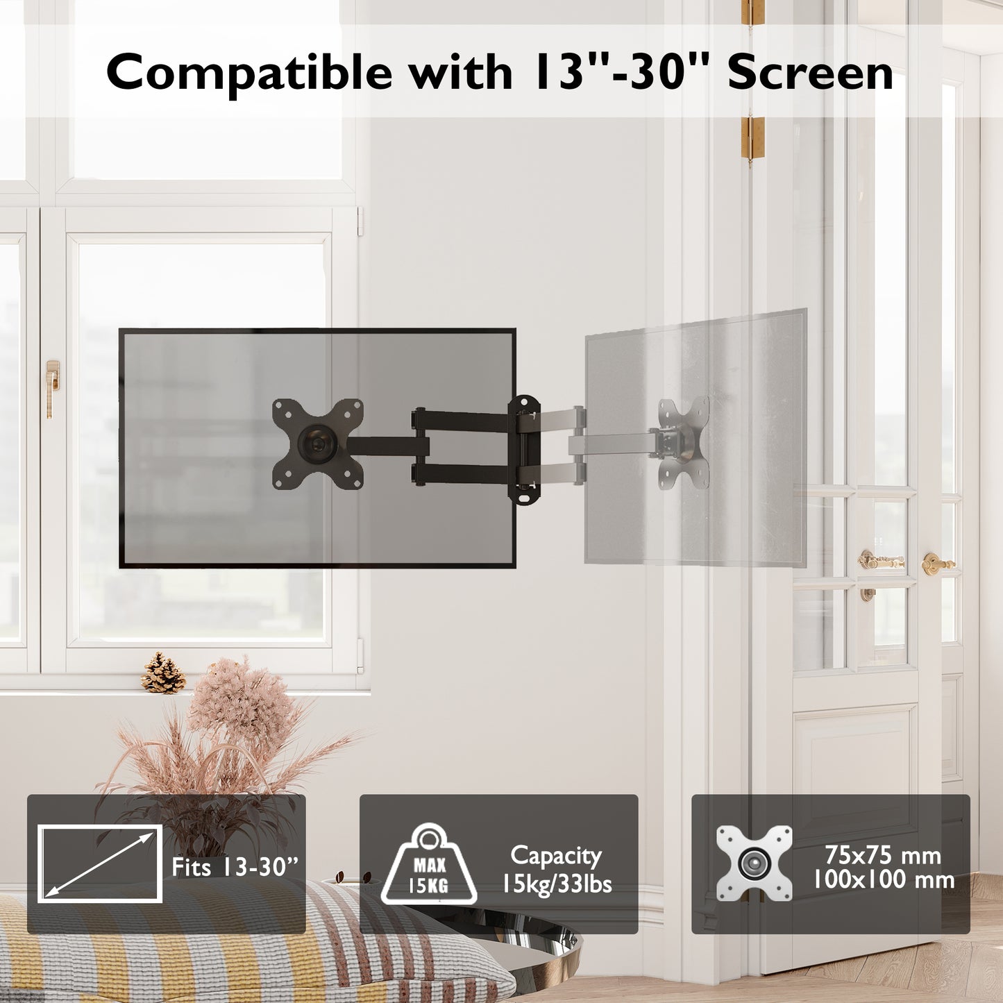 BONTEC Full Motion Articulating TV Wall Mount Bracket for 13''-30'' LCD LED TVs, Tilts Swivels Extends Rotates, VESA 75x75mm/100x100mm, Holds up to 15kg