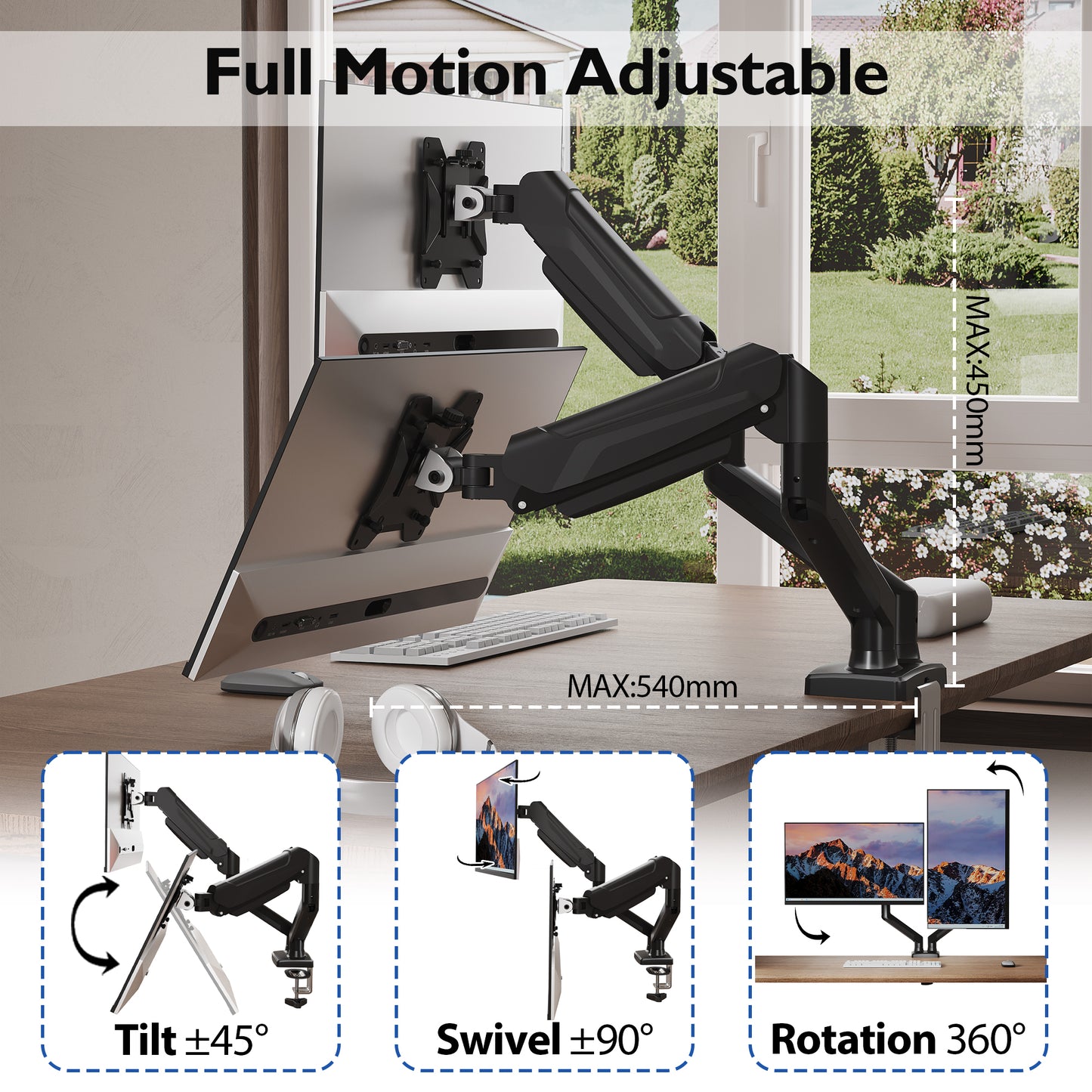 BONTEC Dual Monitor Desk Mount for 32 inch screens, Ergonomic Gas Spring Arm Stand with Cable Management, Tilt, Swivel, Rotation, VESA 75/100 mm