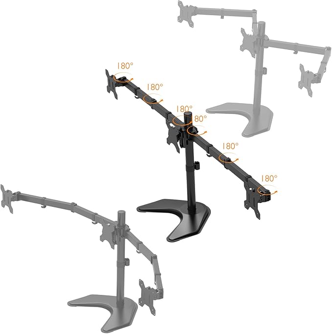 BONTEC Triple Monitor Stand for 13-24 Inches, 3 Monitor Desk Mount, Free Standing Fully Adjustable Stand for 3 Screen, Each Arm Holds up to 10kgs, VESA 75/100mm with 2 Installation Options