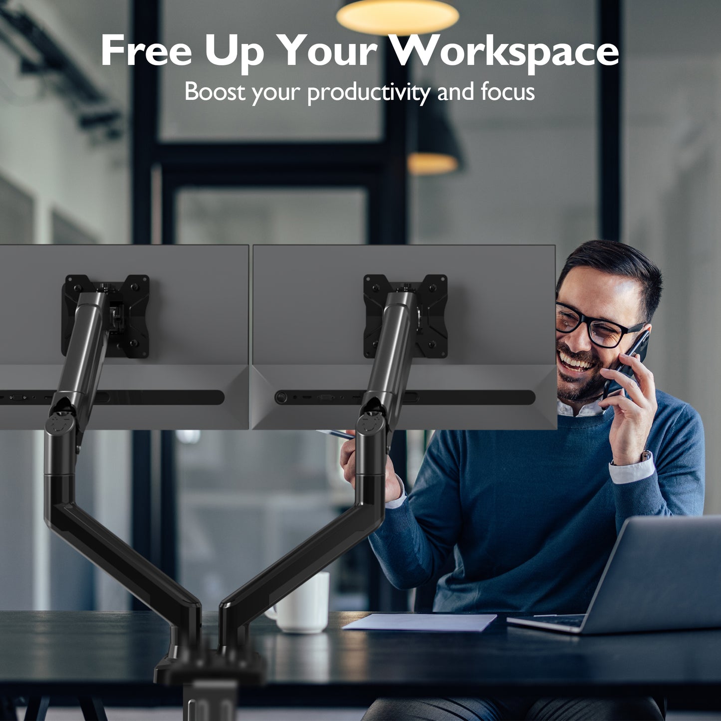 BONTEC Dual Monitor Desk Mount for 32 inch screens, Ergonomic Gas Spring Arm Stand with Cable Management, Tilt, Swivel, Rotation, VESA 75/100 mm