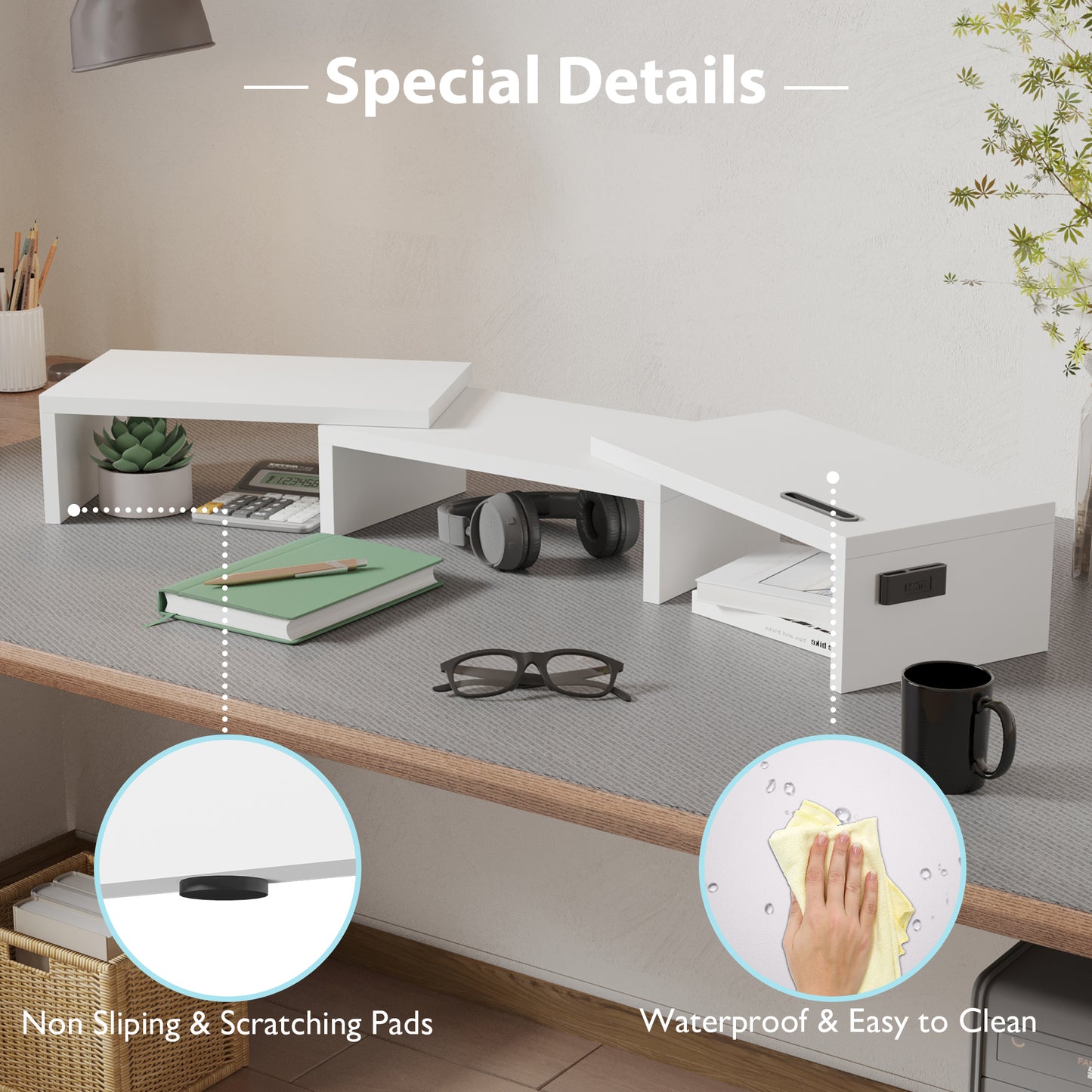 BONTEC Dual Monitor Stand Riser, Desktop Monitor Stand with Smartphone Holder, Adjustable Length & Swivel Angle Wooden Desktop Organizer Stand PC Riser for PC Monitor Laptop Printer