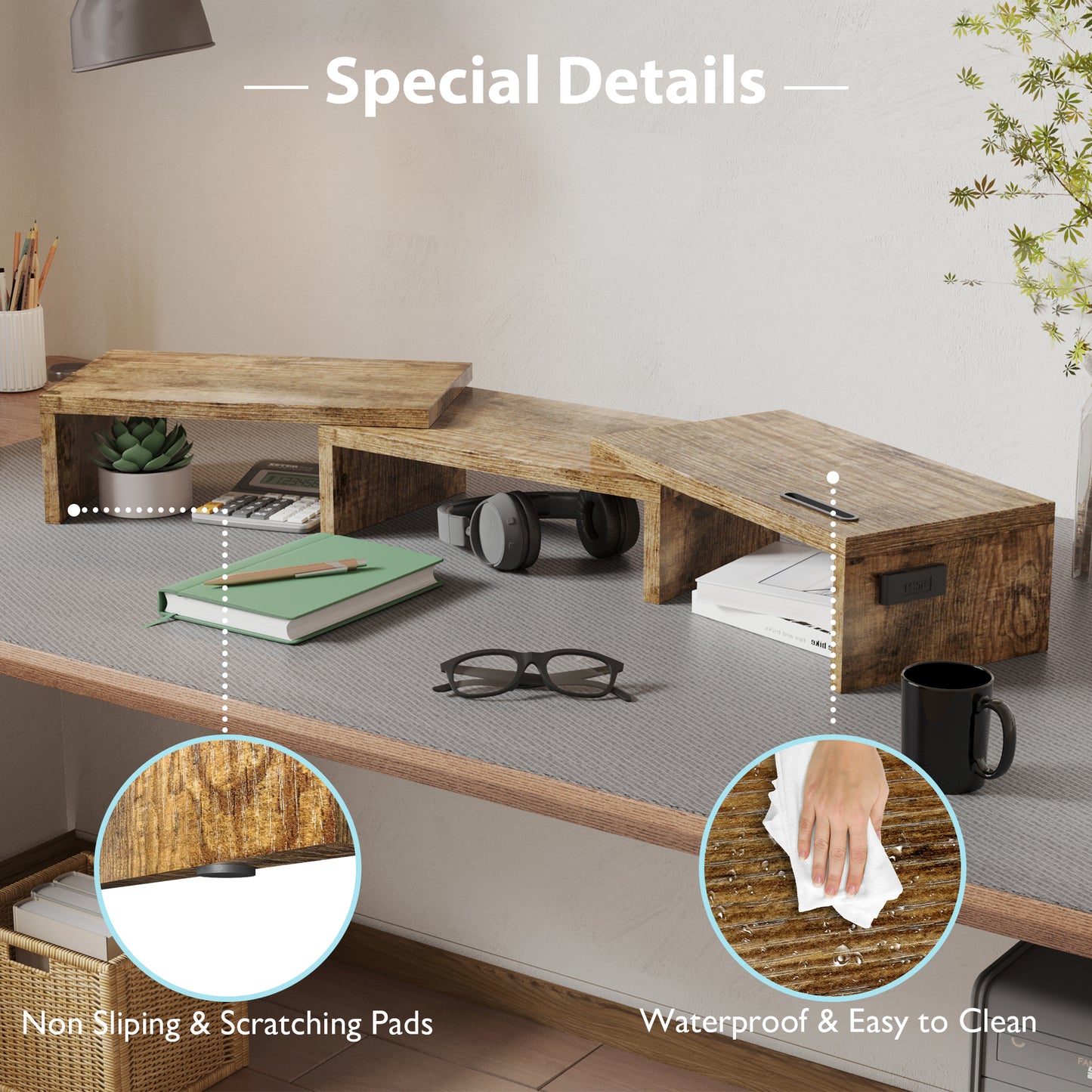 BONTEC Dual Monitor Stand Riser, Desktop Monitor Stand with Smartphone Holder, Adjustable Length & Swivel Angle Wooden Desktop Organizer Stand PC Riser for PC Monitor Laptop Printer