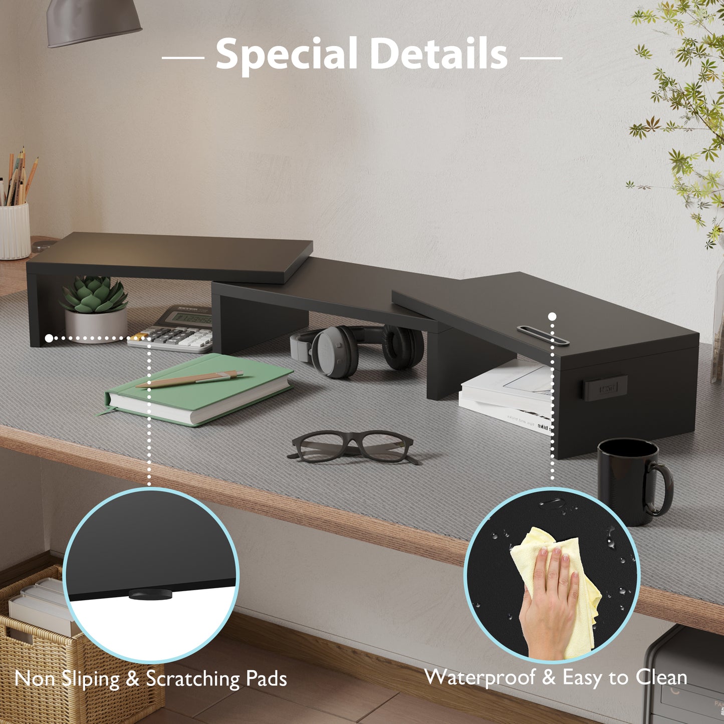 BONTEC Dual Monitor Stand Riser, Desktop Monitor Stand with Smartphone Holder, Adjustable Length & Swivel Angle Wooden Desktop Organizer Stand PC Riser for PC Monitor Laptop Printer