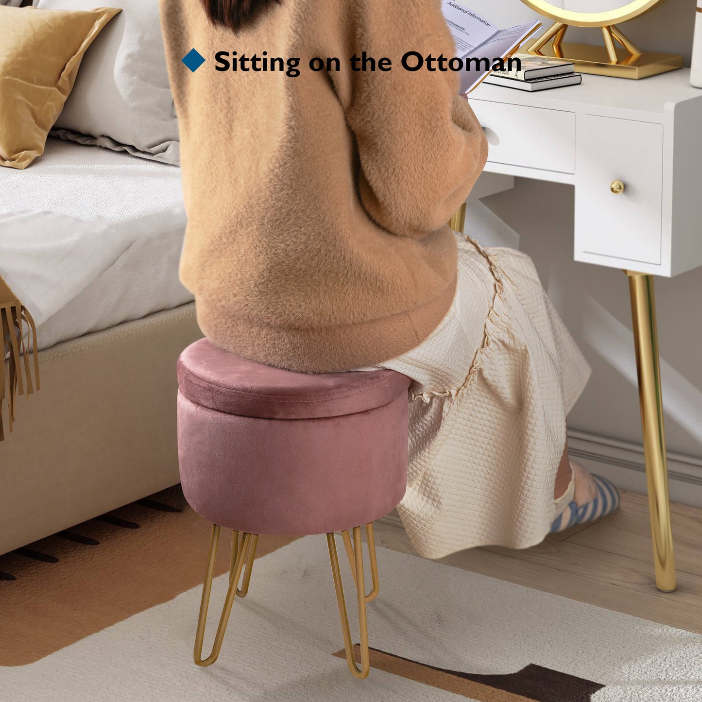 BONTEC Velvet Dressing Table Stool, Round Vanity Stool with Storange, Bedroom Ottoman Stool with Metal Legs for Home Living Room Fitting Room Bedroom