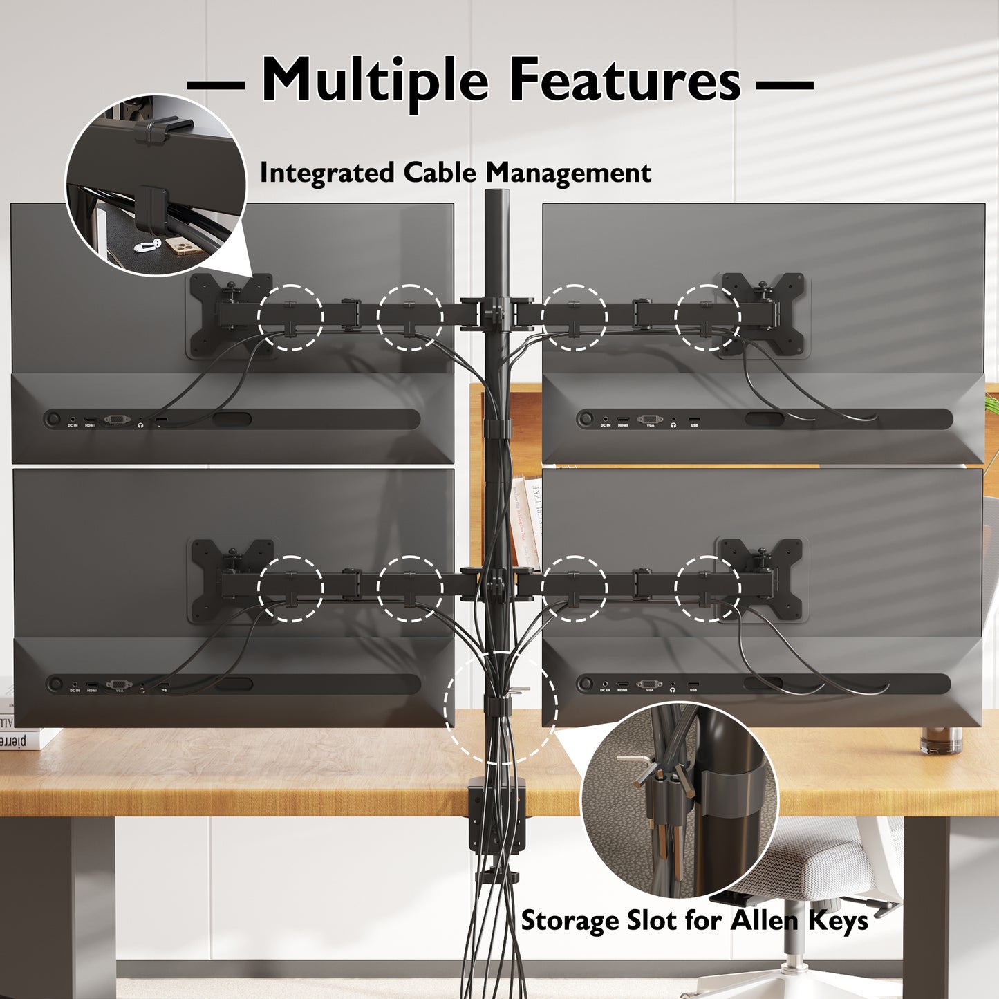 BONTEC Quad Four Arm Desk Mount Ergonomic LCD Computer Monitor Bracket Stand Tilt Swivel Rotation 13”-27” Screen TV