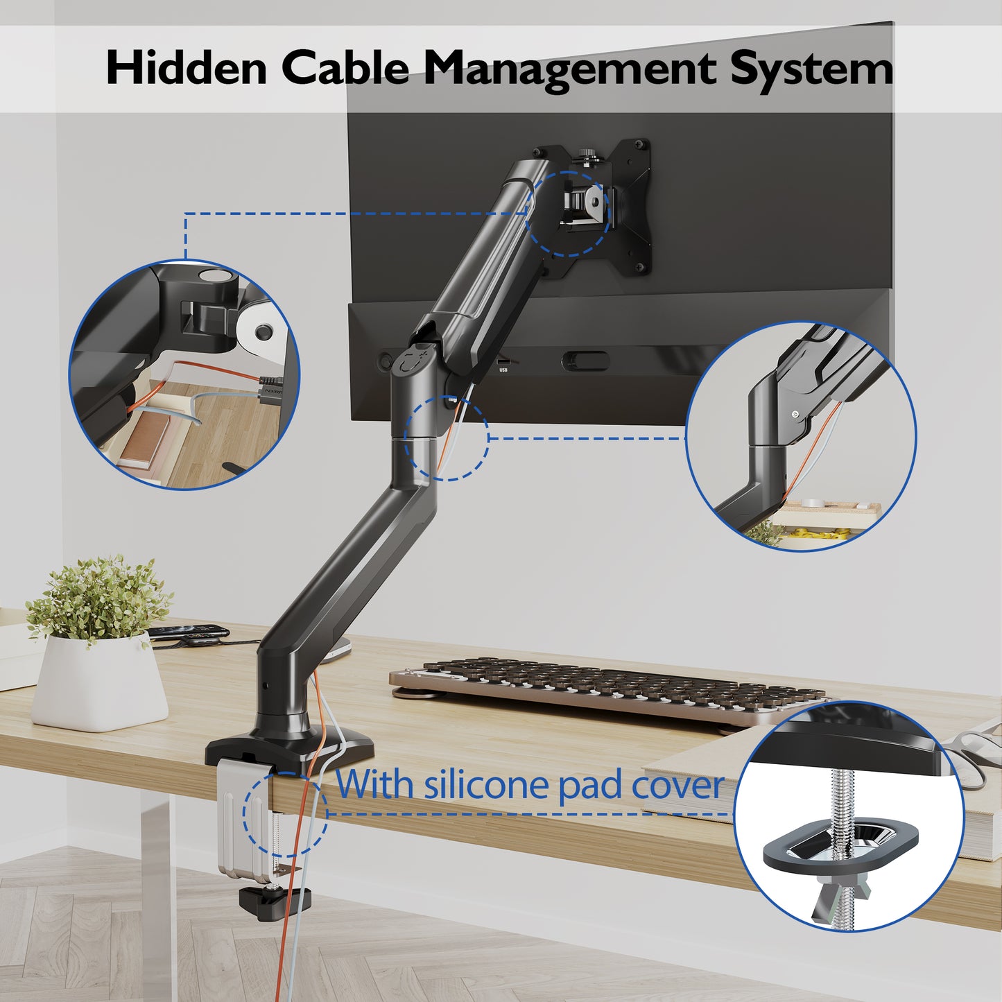 BONTEC Single Arm Monitor Desk Mount for 13-34 inch Screen, Tilt, Swivel, Rotation, Ergonomic Gas Spring Monitor Stand with Cable Management, VESA 75/100mm