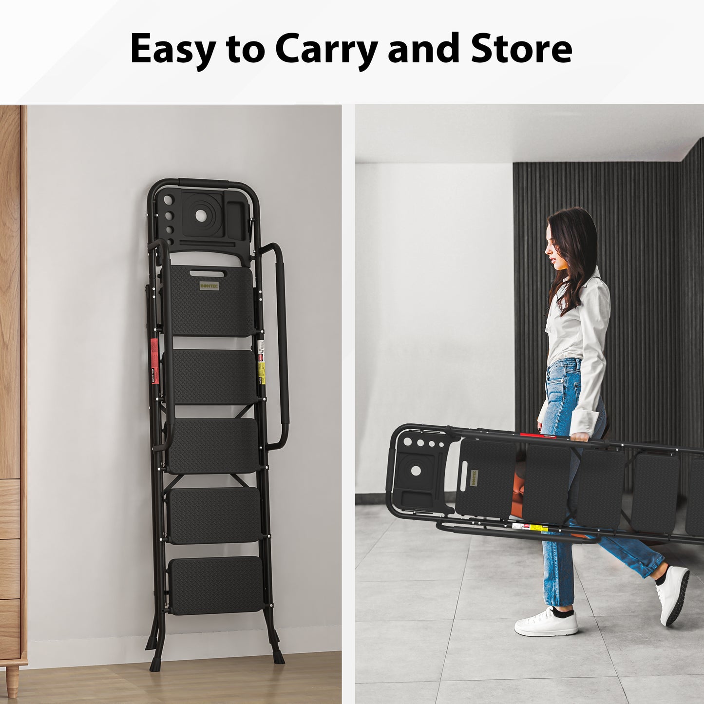 BONTEC 5 Step Ladder with Wide Anti-Slip Pedals, Folding Step Stool Capacity 181KG, Sponge Handrail, Strong and Solid Portable Ladder Suitable for Home, Kitchen, Pantry, Indoor/Outdoor Use