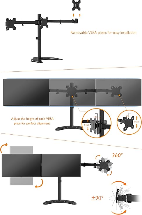 BONTEC Triple Monitor Stand for 13-24 Inches, 3 Monitor Desk Mount, Free Standing Fully Adjustable Stand for 3 Screen, Each Arm Holds up to 10kgs, VESA 75/100mm with 2 Installation Options
