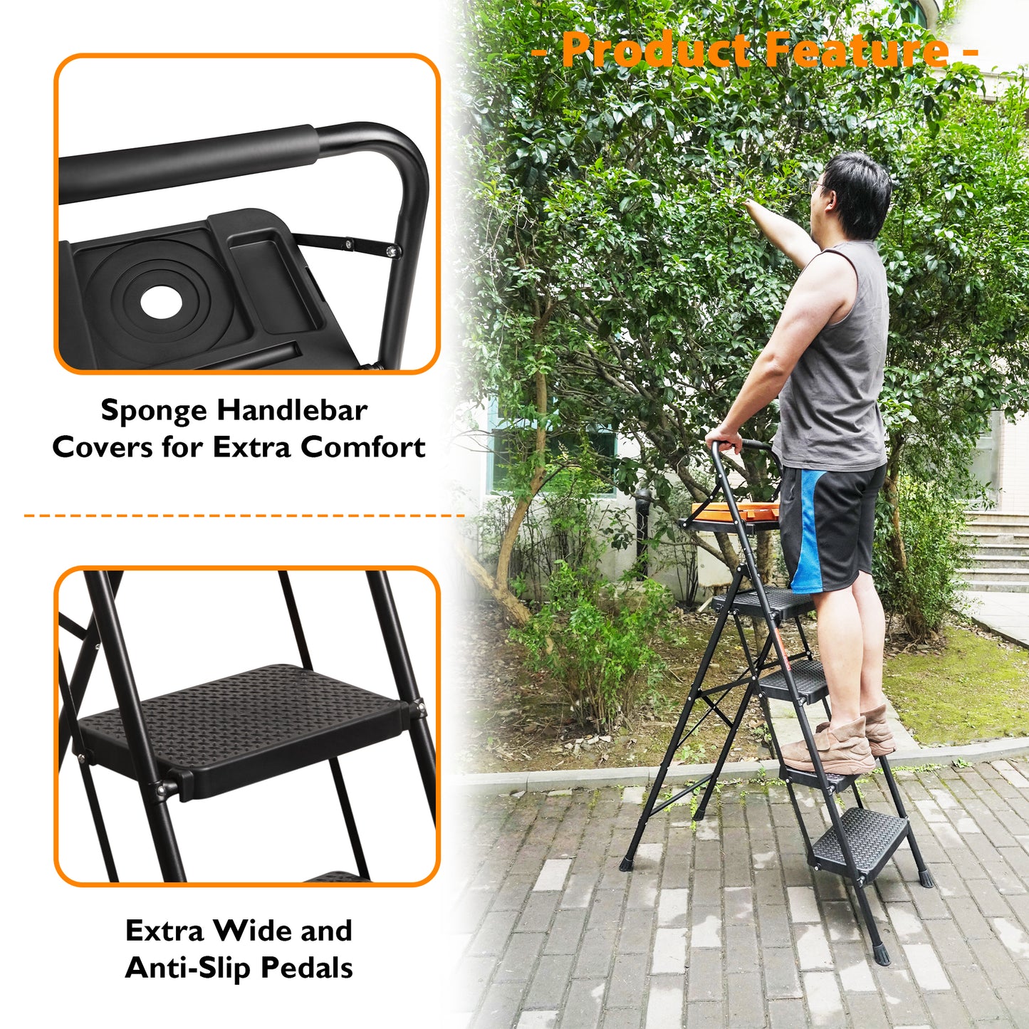 BONTEC 4 Step Ladder with Wide Anti-Slip Pedals, Folding Step Stool Capacity 181KG, Sponge Handrail, Strong and Solid Portable Ladder Suitable for Home, Kitchen, Pantry, Indoor/Outdoor Use, Black