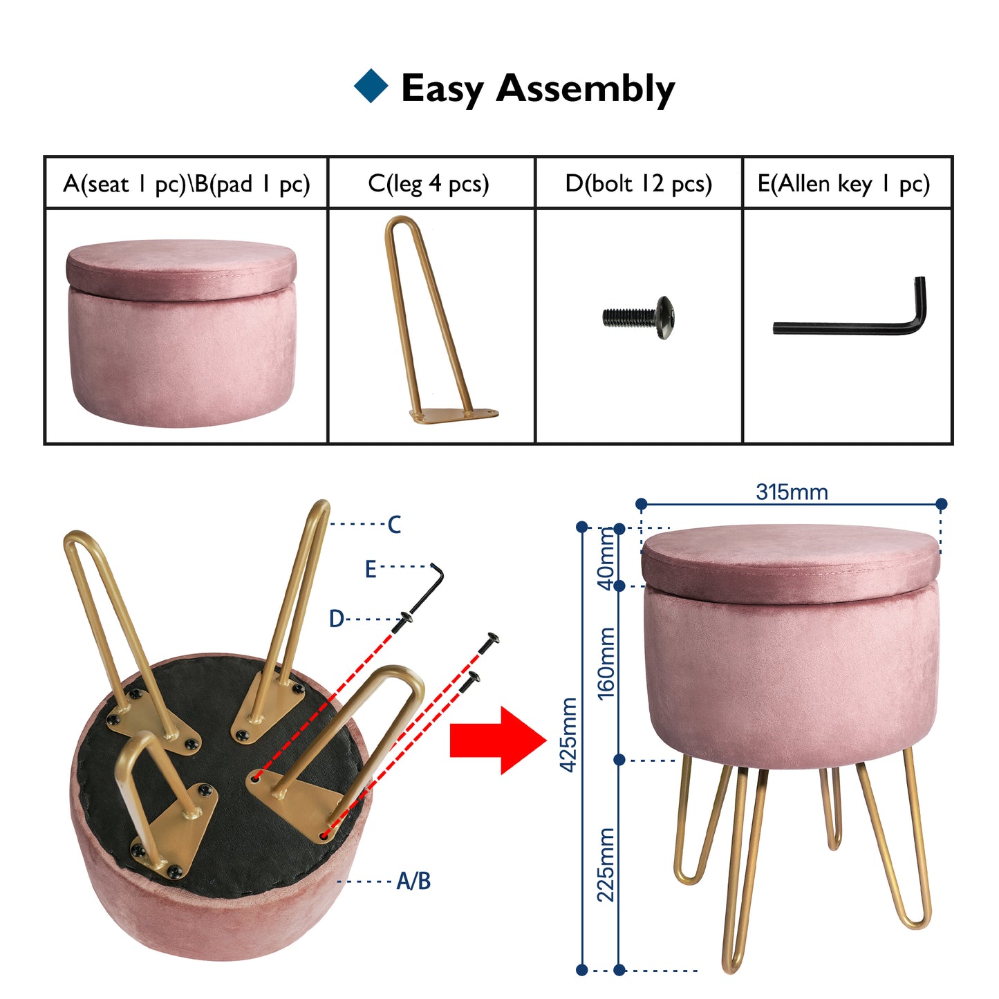 BONTEC Velvet Dressing Table Stool, Round Vanity Stool with Storange, Bedroom Ottoman Stool with Metal Legs for Home Living Room Fitting Room Bedroom