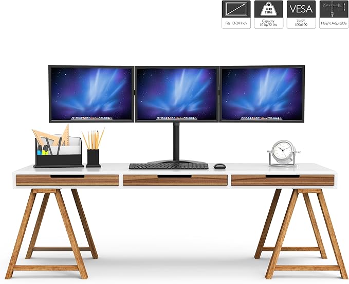 BONTEC Triple Monitor Stand for 13-24 Inches, 3 Monitor Desk Mount, Free Standing Fully Adjustable Stand for 3 Screen, Each Arm Holds up to 10kgs, VESA 75/100mm with 2 Installation Options