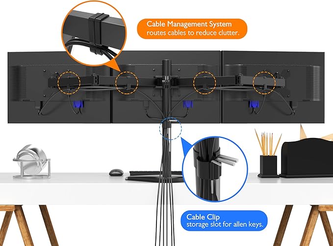 BONTEC Triple Monitor Stand for 13-24 Inches, 3 Monitor Desk Mount, Free Standing Fully Adjustable Stand for 3 Screen, Each Arm Holds up to 10kgs, VESA 75/100mm with 2 Installation Options