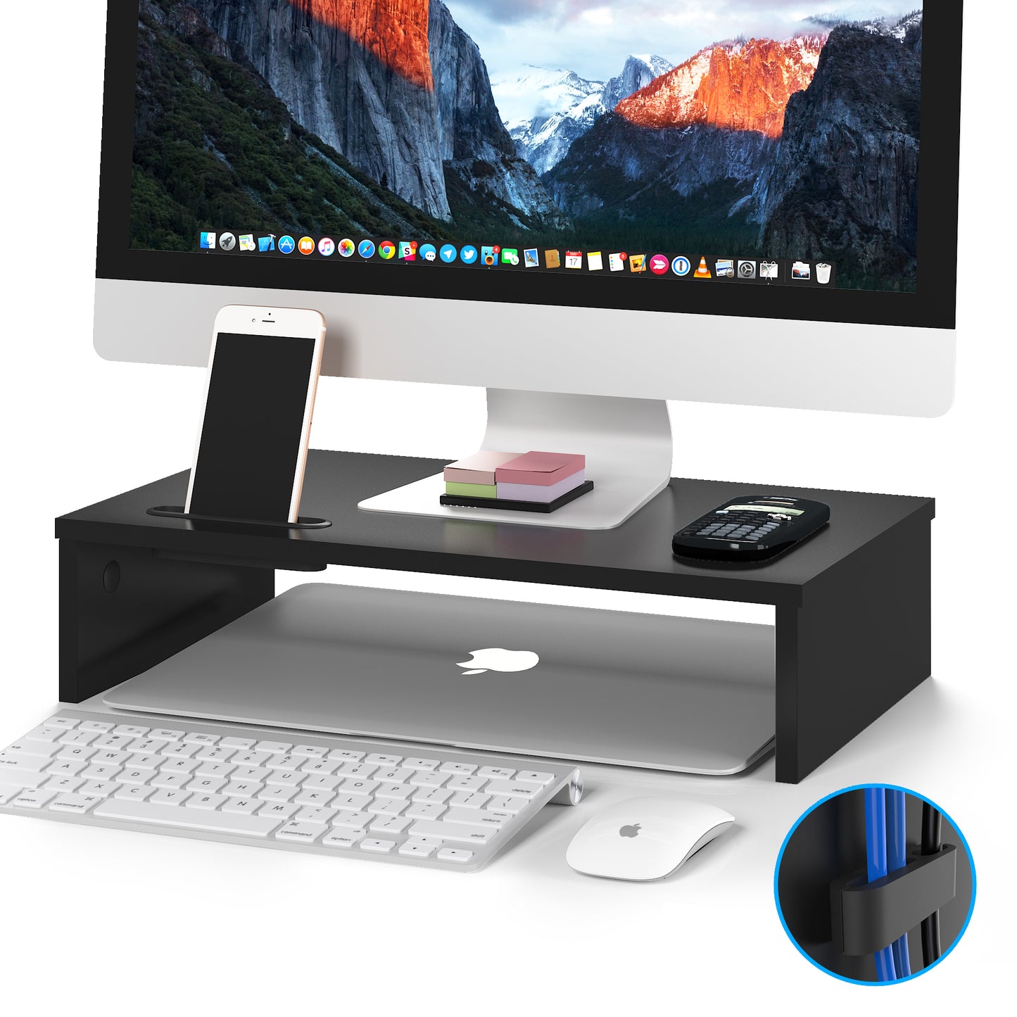 BONTEC Wood Monitor Stand Riser with Smartphone Holder, Ergonomic Laptop Desk Printer Stand with Cable Management for Computer, Notebook, iMac, PC, 1 Tier Black (W420 x D235 x H104mm)