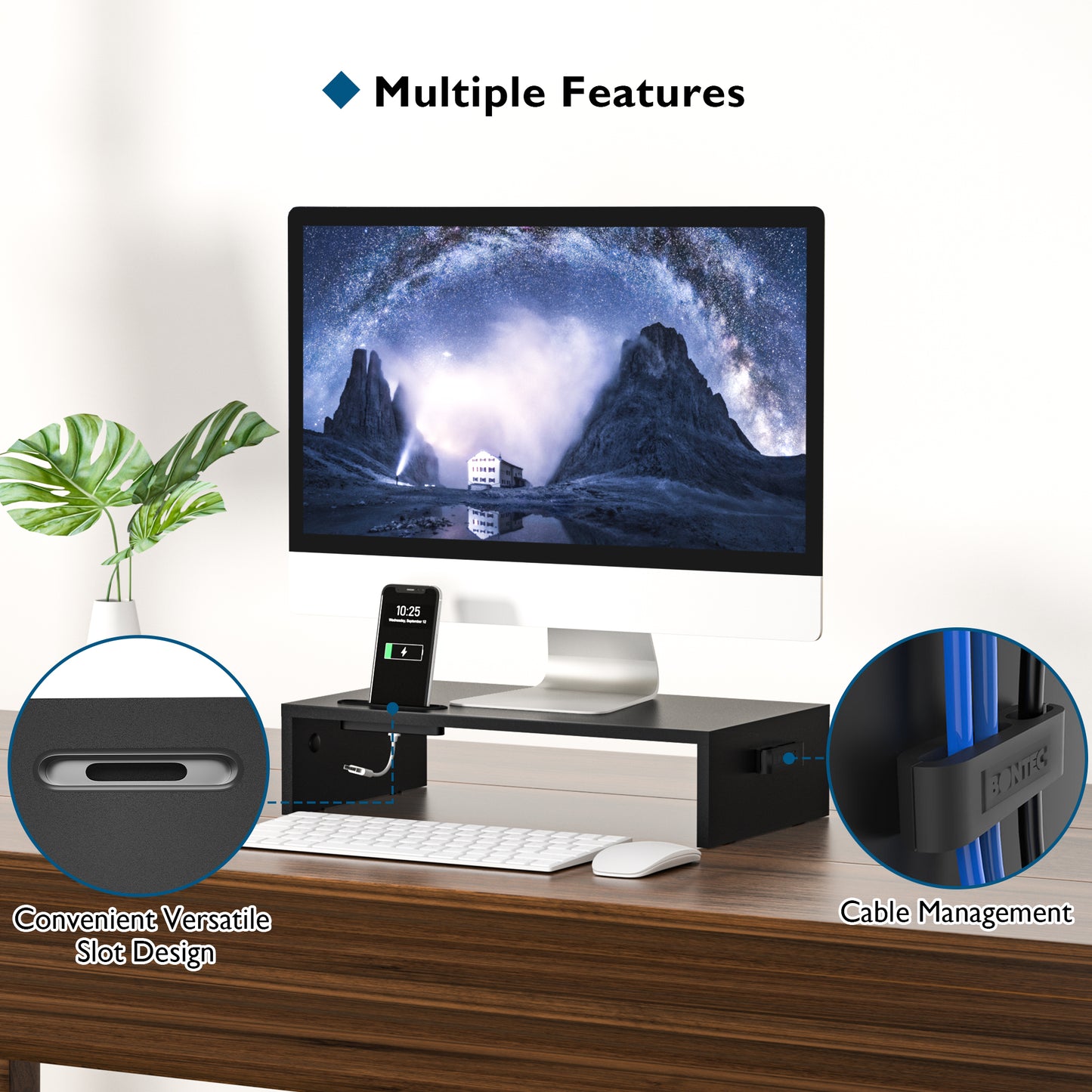 BONTEC Wood Monitor Stand Riser with Smartphone Holder, Ergonomic Laptop Desk Printer Stand with Cable Management for Computer, Notebook, iMac, PC, 1 Tier Black (W420 x D235 x H104mm)