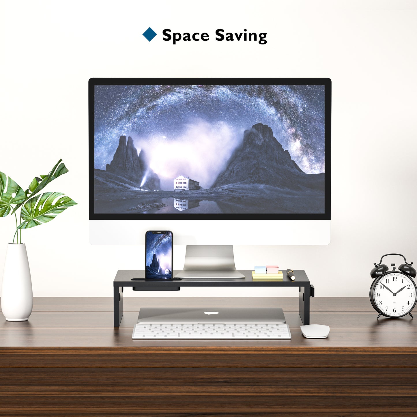 BONTEC Wood Monitor Stand Riser with Smartphone Holder, Ergonomic Laptop Desk Printer Stand with Cable Management for Computer, Notebook, iMac, PC, 1 Tier Black (W420 x D235 x H104mm)