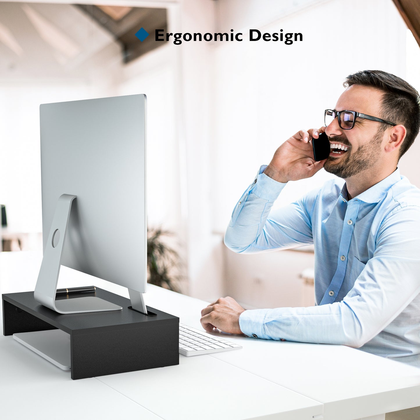 BONTEC Wood Monitor Stand Riser with Smartphone Holder, Ergonomic Laptop Desk Printer Stand with Cable Management for Computer, Notebook, iMac, PC, 1 Tier Black (W420 x D235 x H104mm)