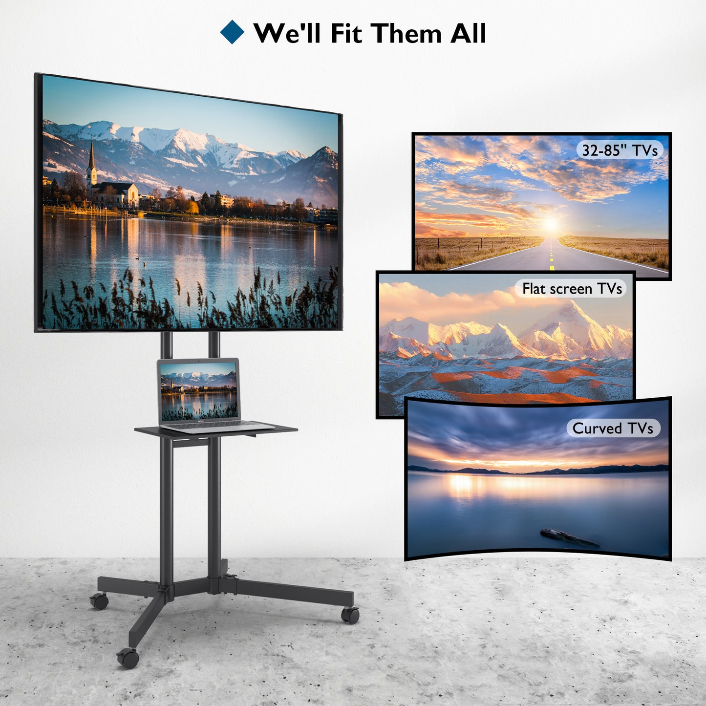BONTEC Mobile TV Stand on Wheels for 32-85 inch LCD LED OLED Flat Curved TVs