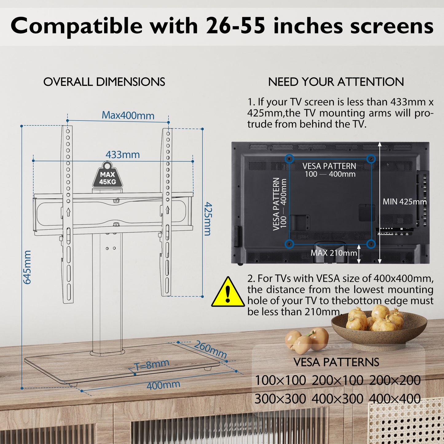 BONTEC Swivel Table Top TV Stand with Bracket for 26-55 inch LED OLED LCD Plasma Flat Curved Screens Height Adjustable TV stand with Tempered Glass Base Max. VESA 400x400mm up to 45KG