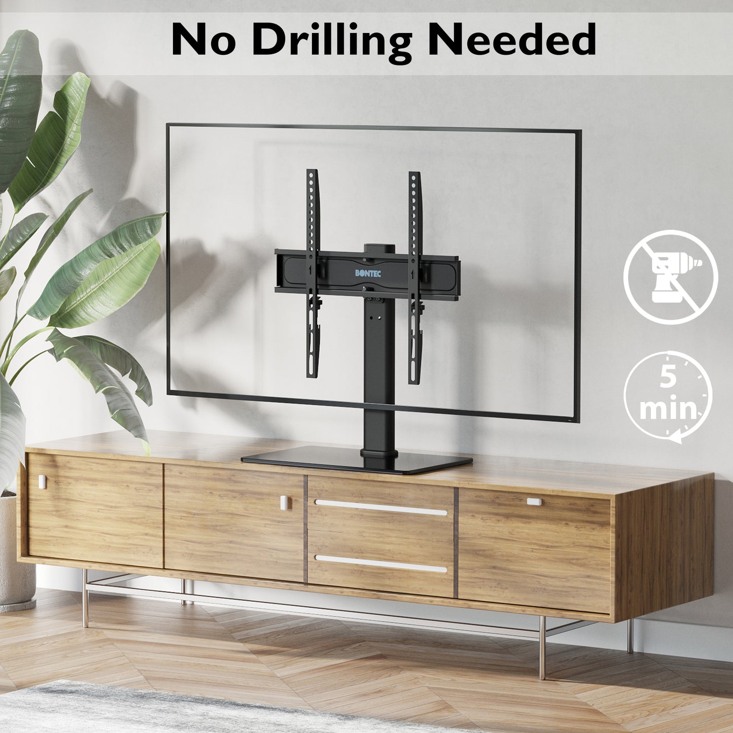 BONTEC Swivel Table Top TV Stand with Bracket for 26-55 inch LED OLED LCD Plasma Flat Curved Screens Height Adjustable TV stand with Tempered Glass Base Max. VESA 400x400mm up to 45KG