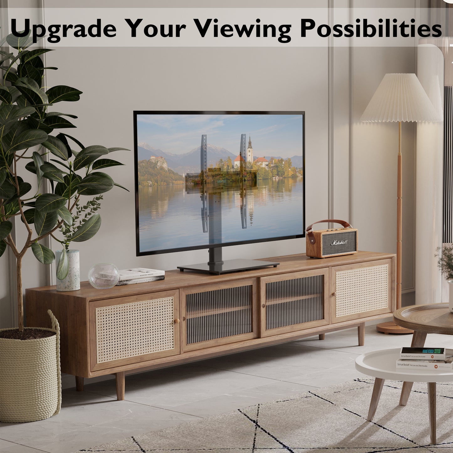 BONTEC Swivel Table Top TV Stand with Bracket for 26-55 inch LED OLED LCD Plasma Flat Curved Screens Height Adjustable TV stand with Tempered Glass Base Max. VESA 400x400mm up to 45KG