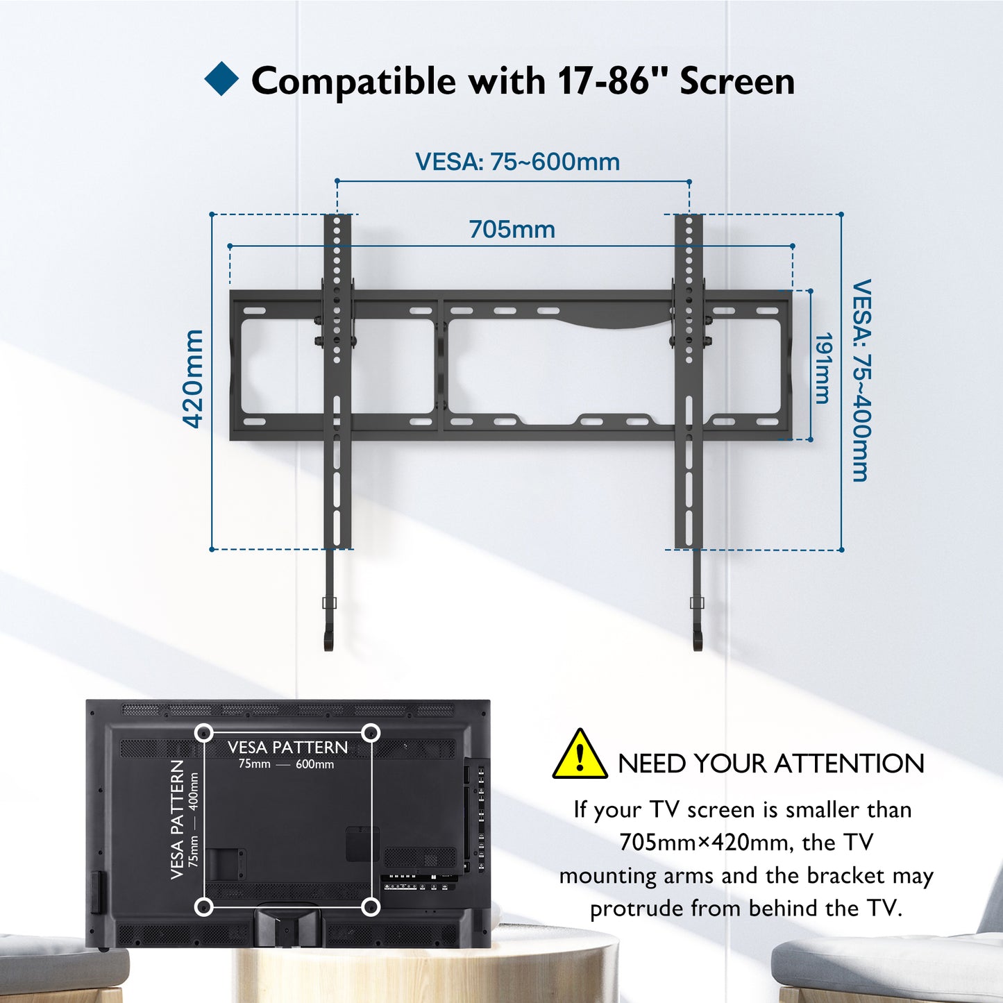 BONTEC TV Wall Bracket for Most 17-86 inch LED LCD OLED Plasma Flat Curved TVs