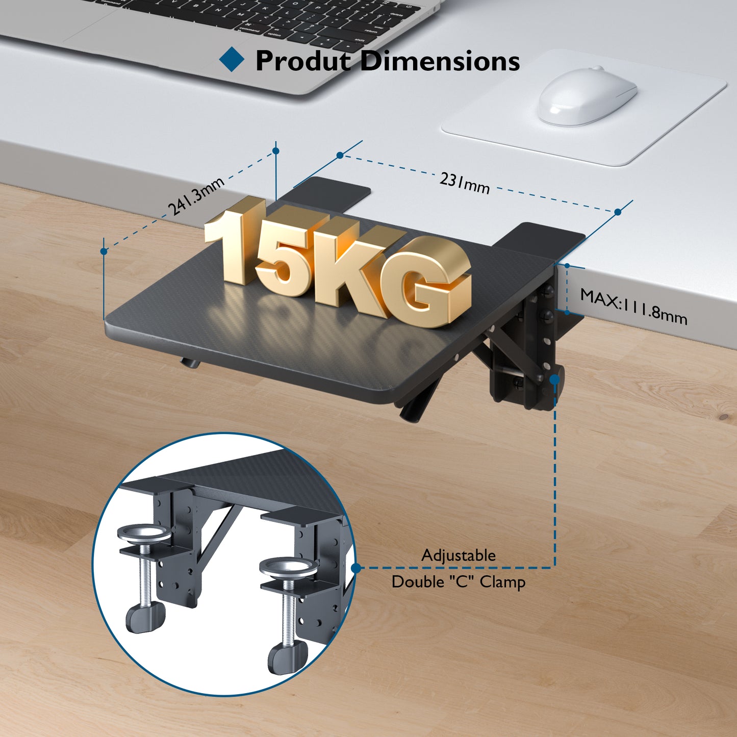 BONTEC Ergonomics Desk Extender Tray, 24cm*23cm Table Mount Arm Wrist Rest Shelf