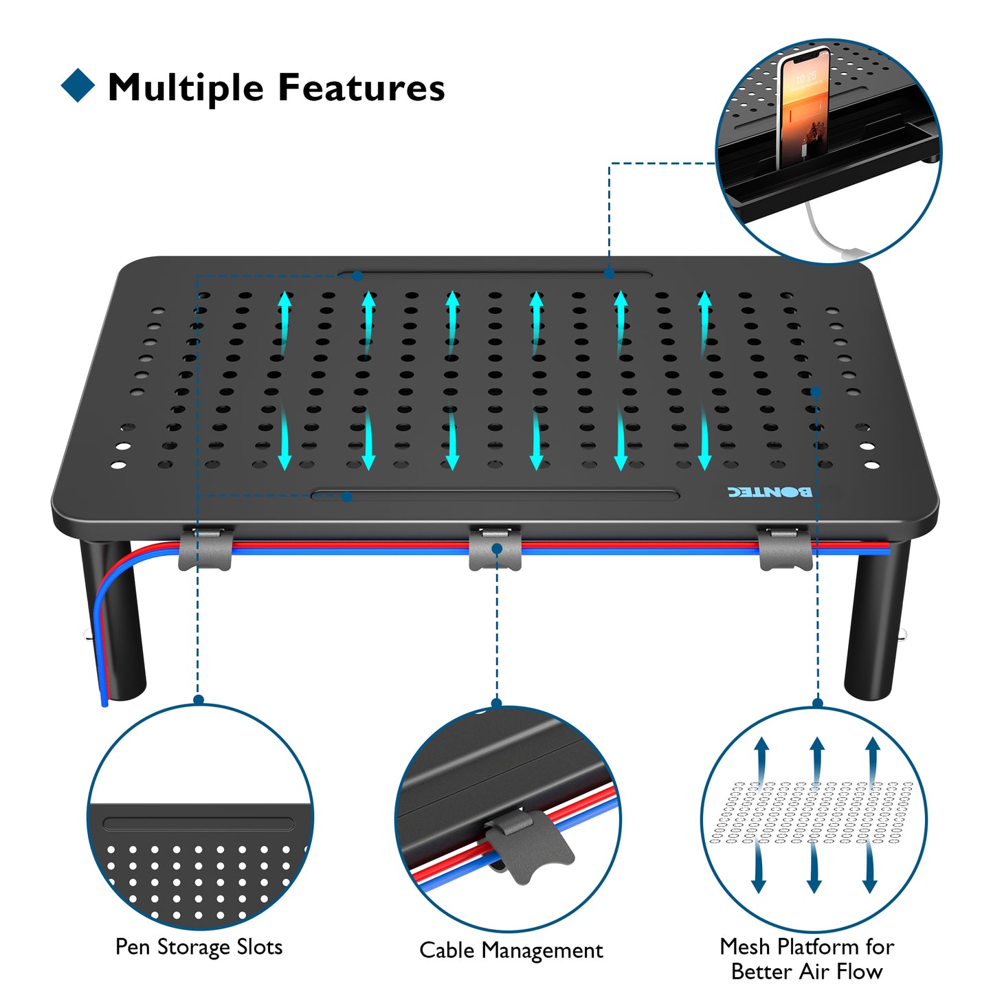 BONTEC Monitor Stand with Drawer, 3 Height Adjustable PC Monitor Riser for Desk with Mesh Platform for Laptop, Computer, iMac, PC, Printer up to 20KG, Cable Ties Included