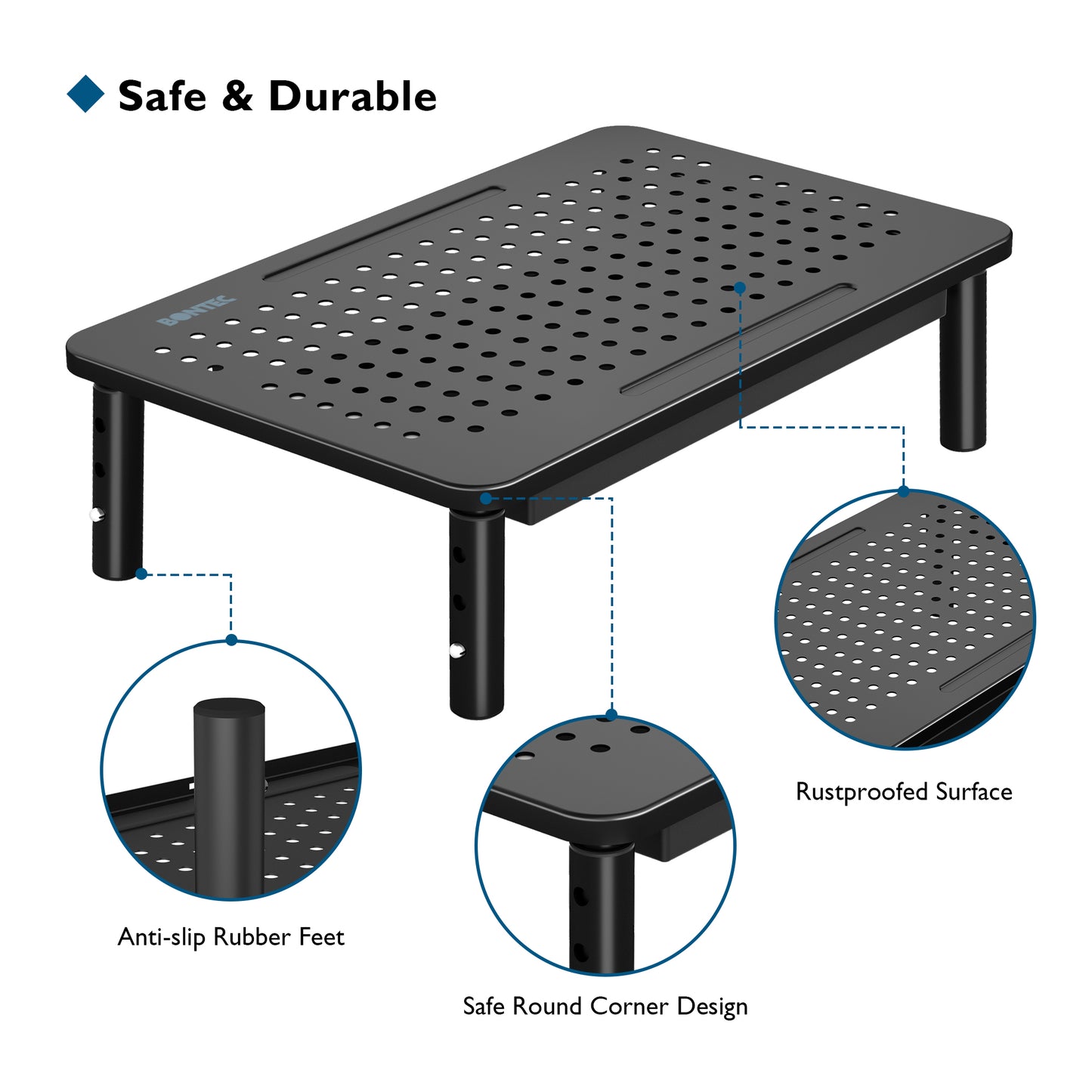 BONTEC Monitor Stand with Drawer, 3 Height Adjustable PC Monitor Riser for Desk with Mesh Platform for Laptop, Computer, iMac, PC, Printer up to 20KG, Cable Ties Included