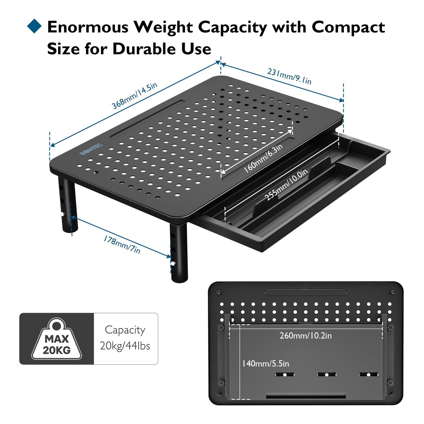 BONTEC Monitor Stand with Drawer, 3 Height Adjustable PC Monitor Riser for Desk with Mesh Platform for Laptop, Computer, iMac, PC, Printer up to 20KG, Cable Ties Included